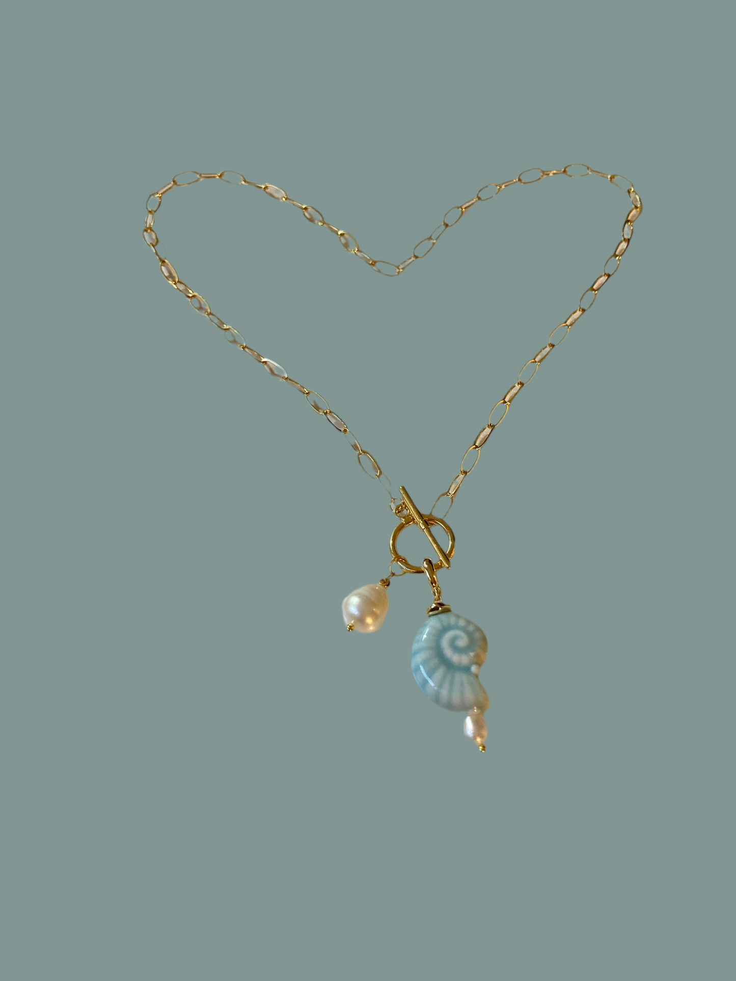 Fun Chic Golden Necklace with Natural Freshwater Pearl & Ceramic Interchangeable Shell Charm