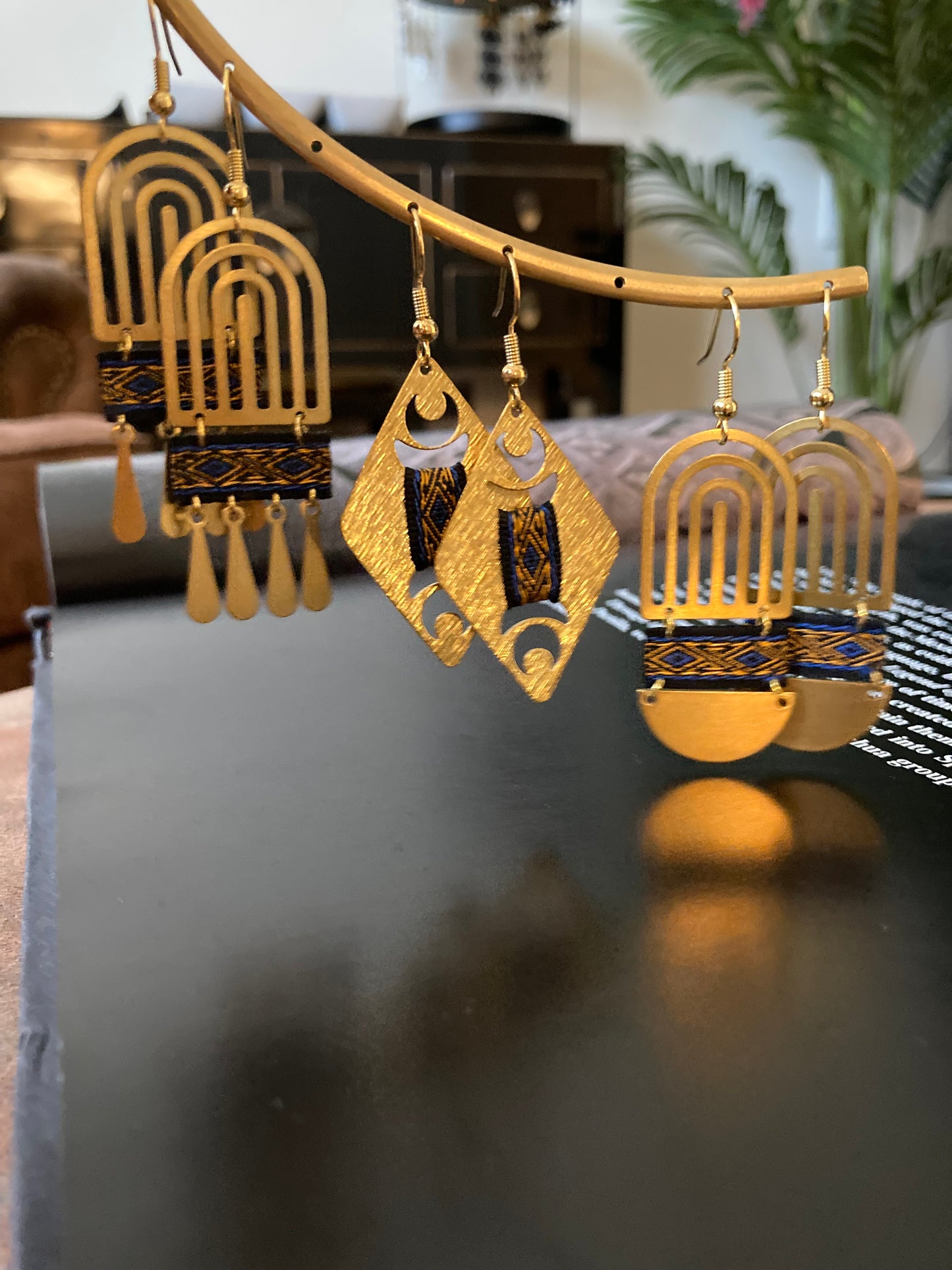 Aztec-Golden Geometric Diamond Earrings