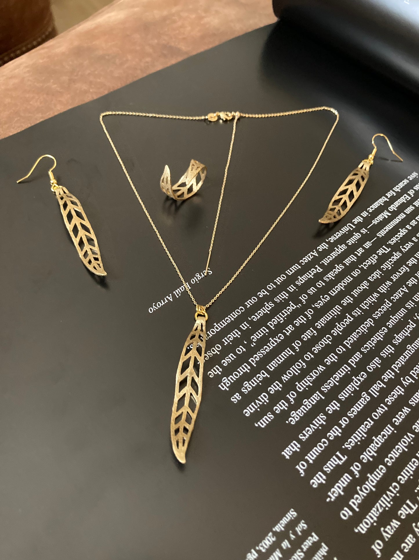 Discovery-Set-Golden Leaf Earrings+Necklace+Ring One of a Kind Set