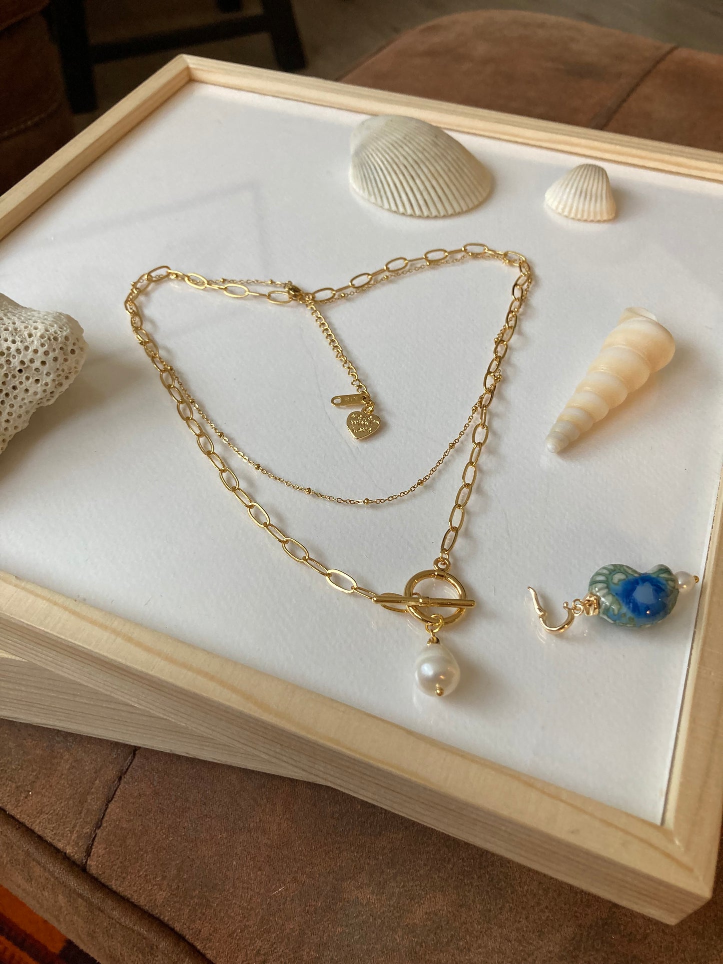 Fun Chic 6+Way to Style Interchangeable Double Layer Golden Necklace with Natural Freshwater Pearl & Ceramic Shell Charm