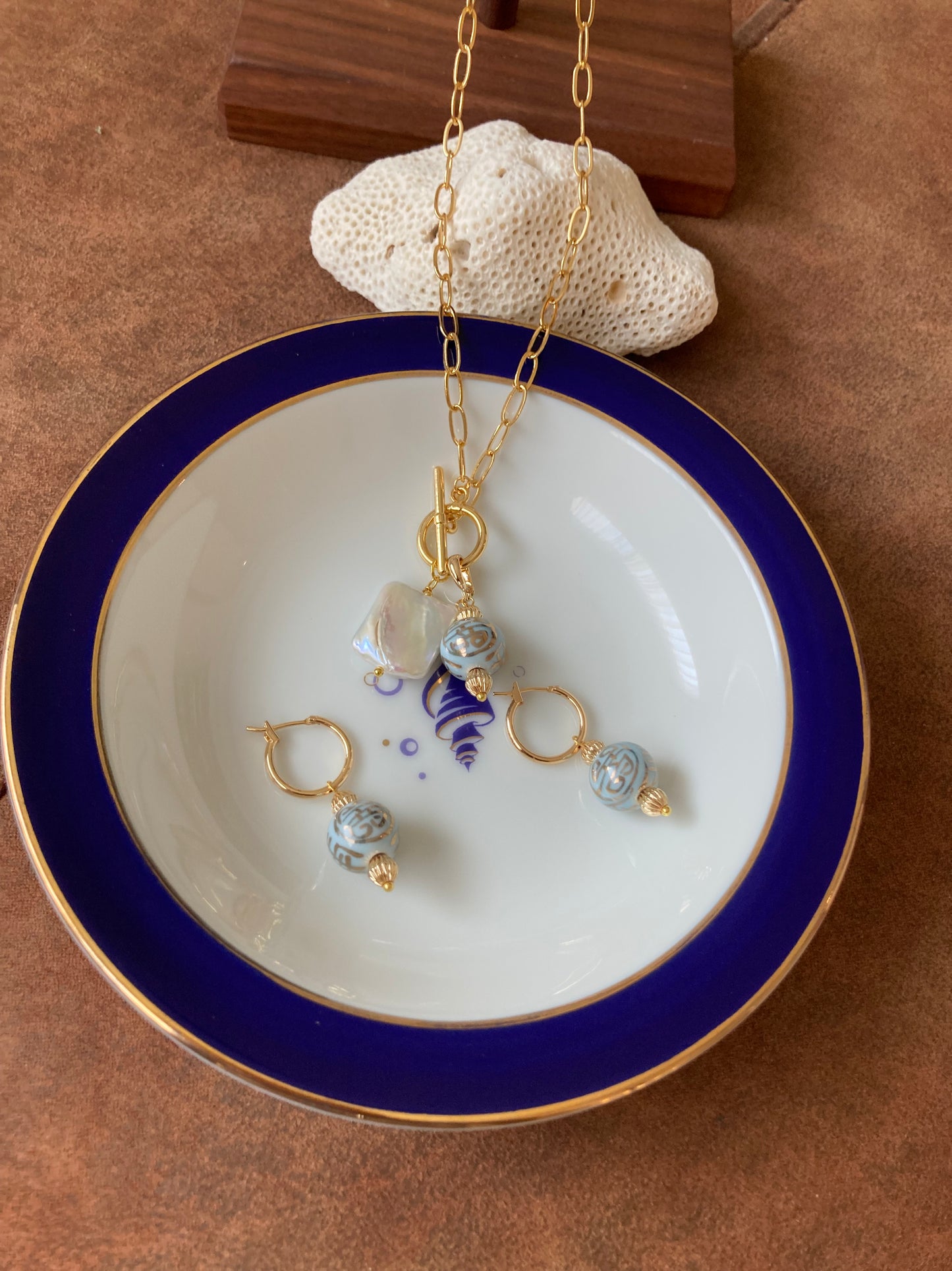 Esperanza• Set-Unique Interchangeable Golden Baroque Pearl Necklace & Huggies Earrings Set with Hand Painted Ancient Chinese Character of Long-Life Ceramic Beads