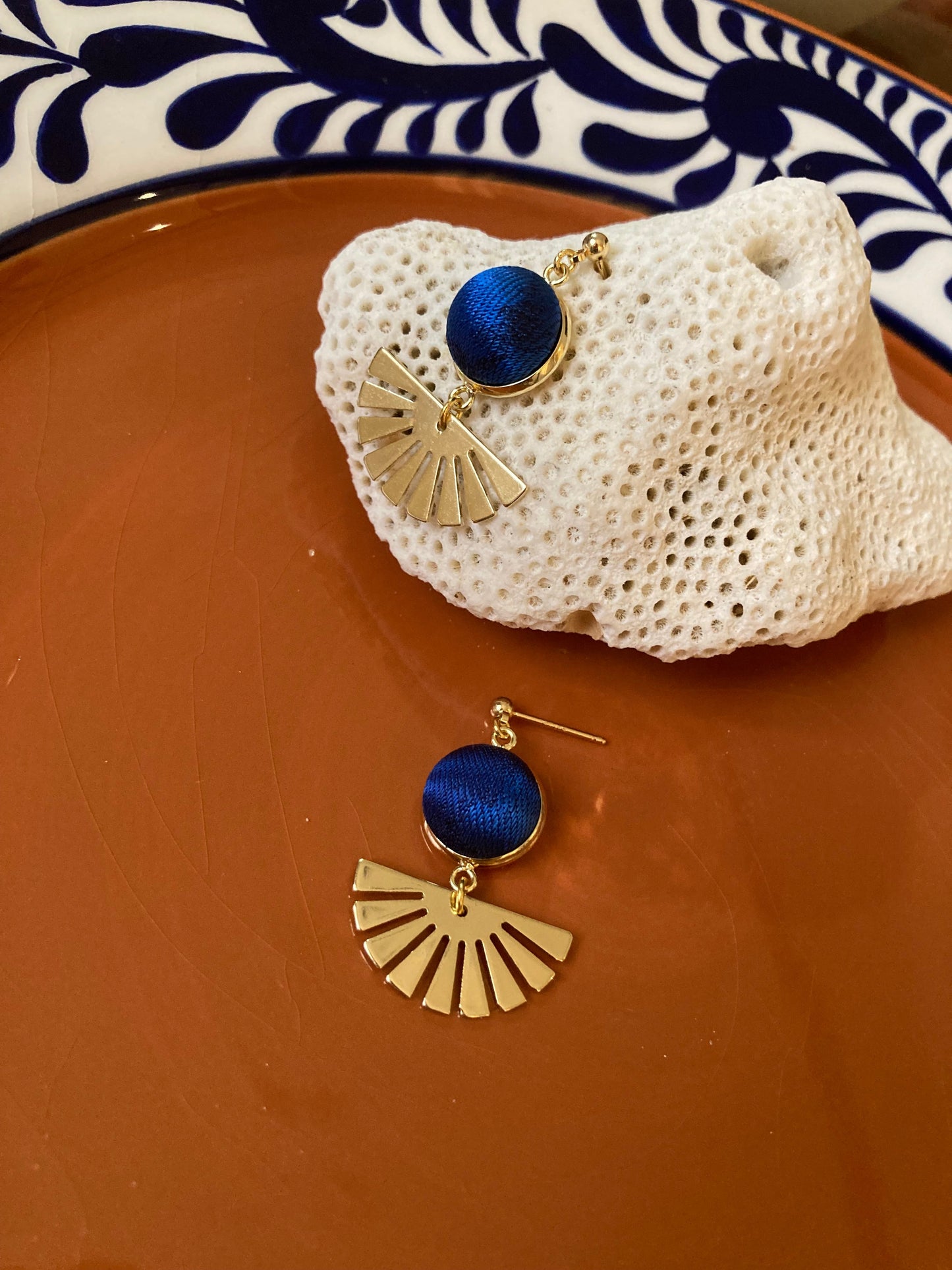 Golden Contemporary Design Silk Earring Studs-Royal Blue