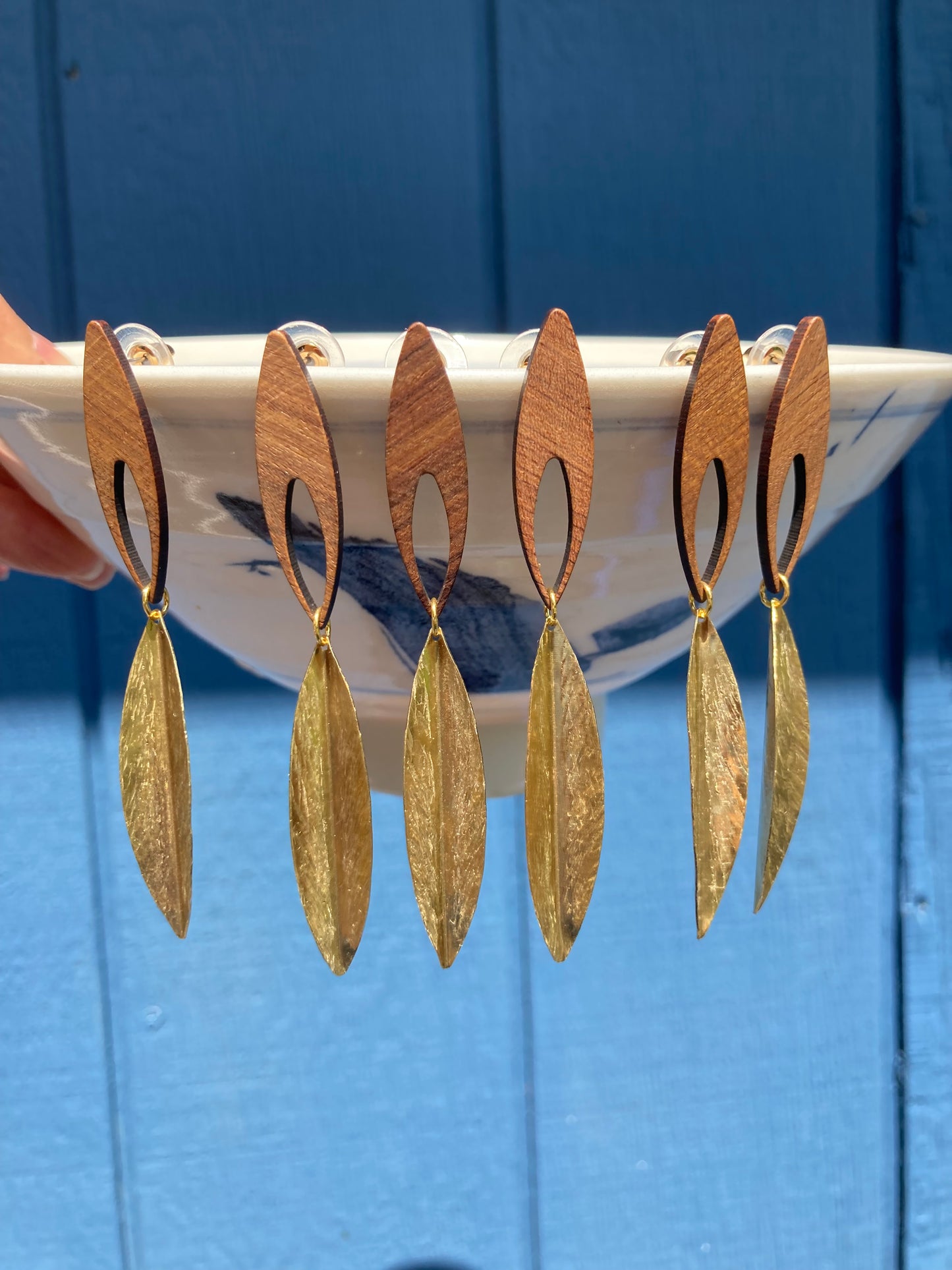 Julie•Discovery-Golden Hand Brushed & Hammered Brass Leaf Wood Stud Earrings