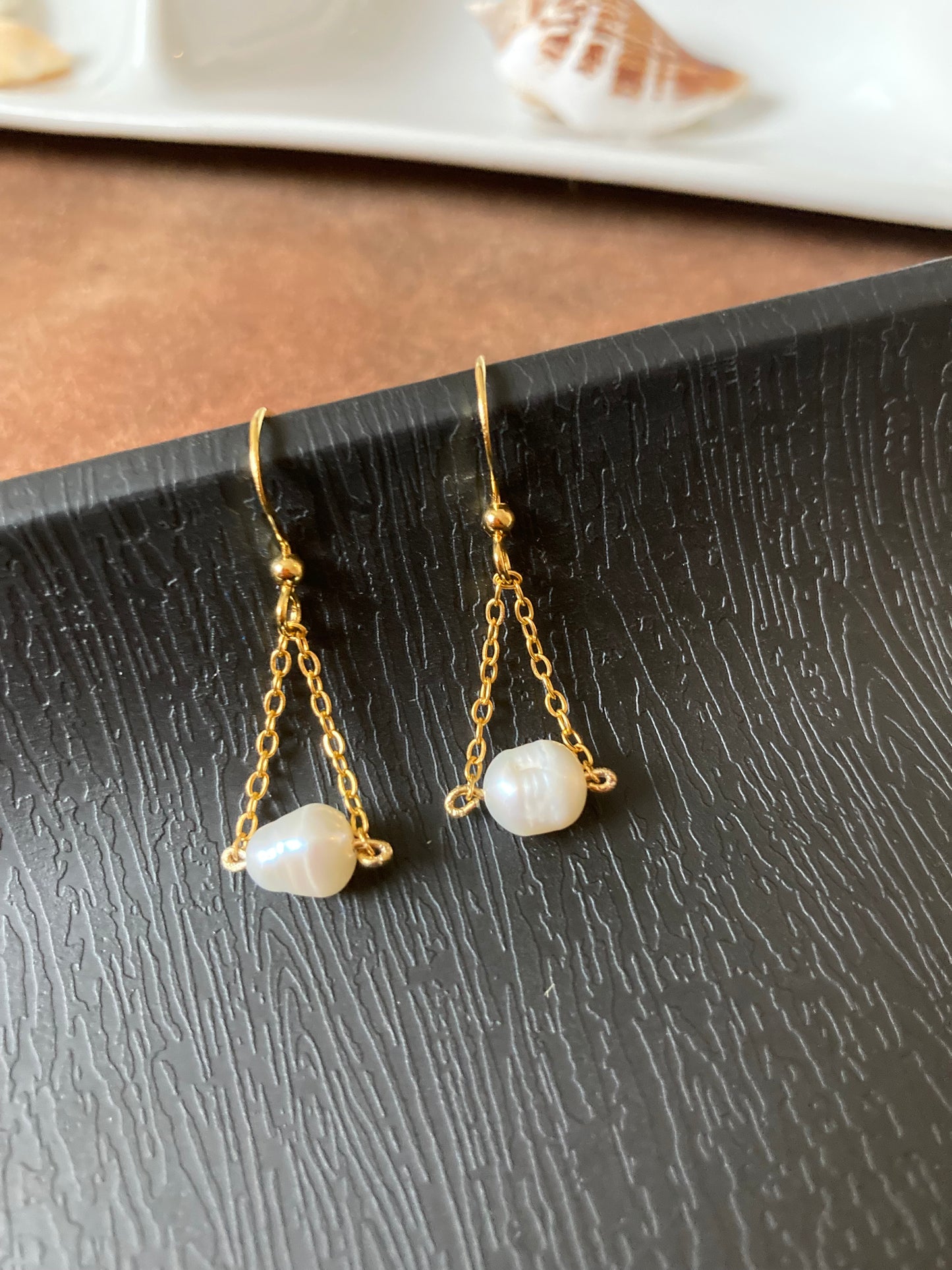 Annie • Contemporary Design Golden Freshwater Pearl Dangling Earrings