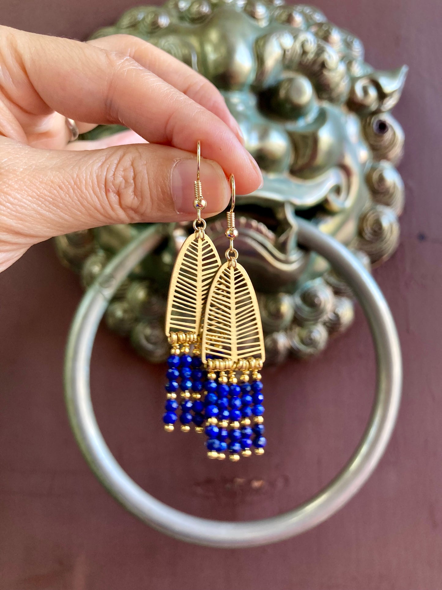 Lapis Lazuli Beads Golden Tree Tassel Earrings