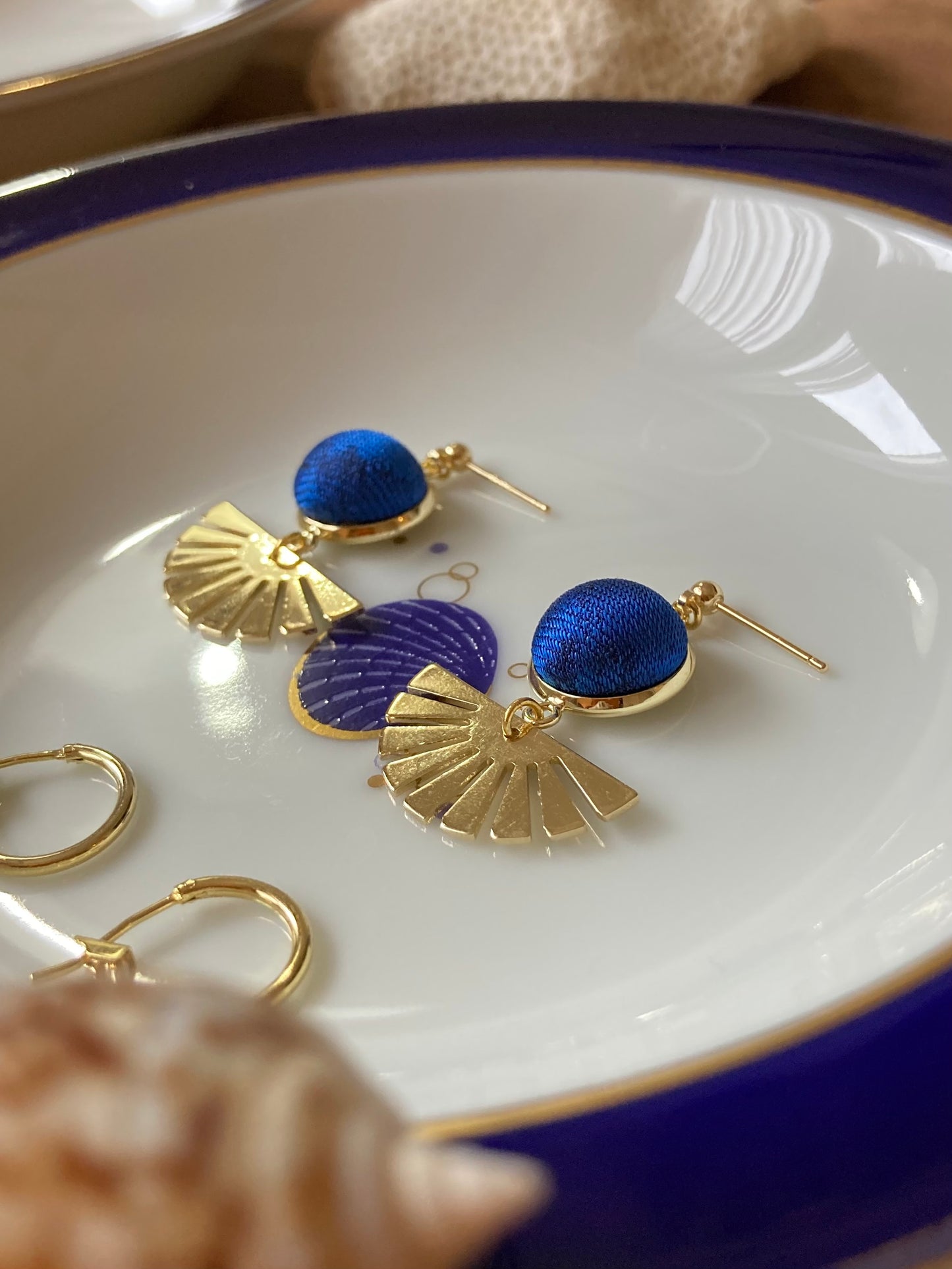 Golden Contemporary Design Silk Earring Studs-Royal Blue