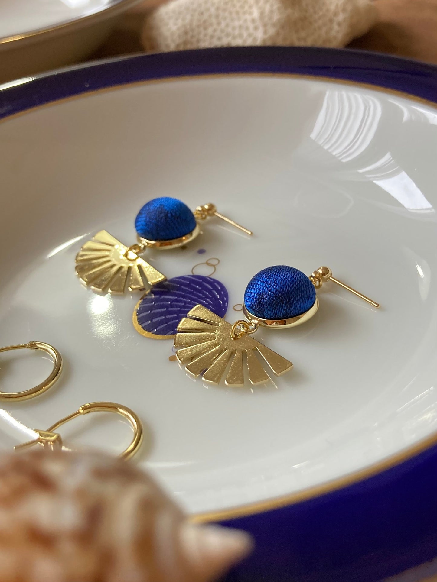 Sun in Blue Sky•Golden Contemporary Design Silk Earring Studs-