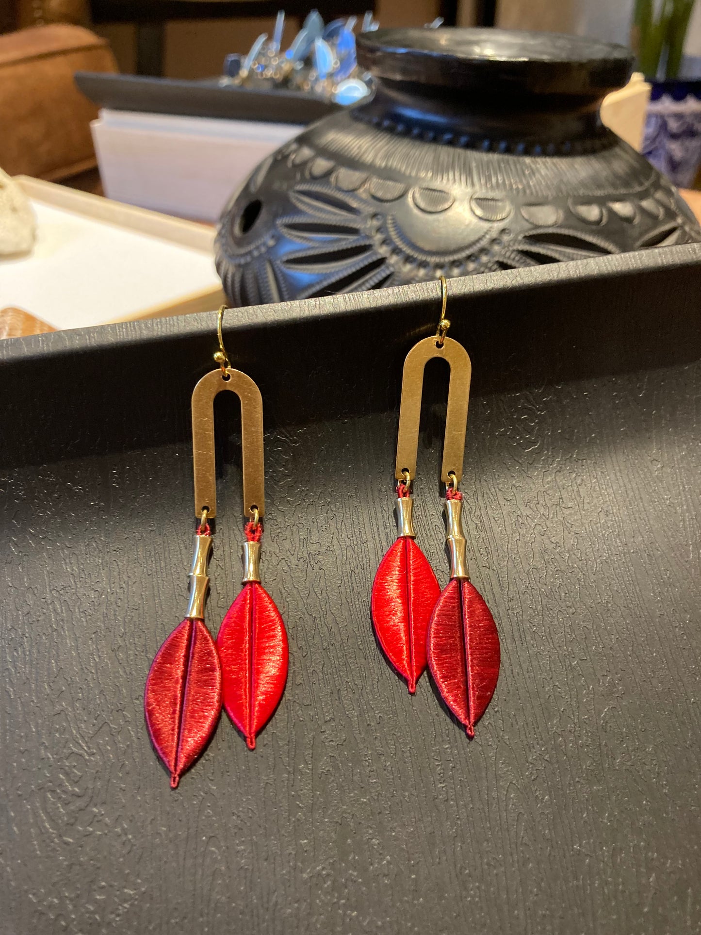 Kisses•Shiny Hand-wrapped Shiny Mixed Red Color Silky Thread Tree Leaf Earrings