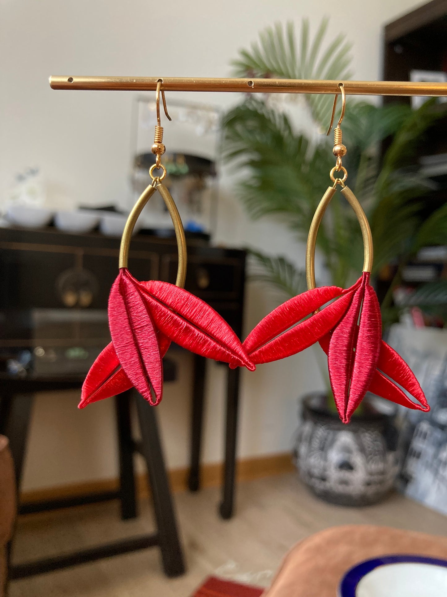 Lourdes•Unique Design Statement Hand-wrapped Silky Thread Red Floral Earrings