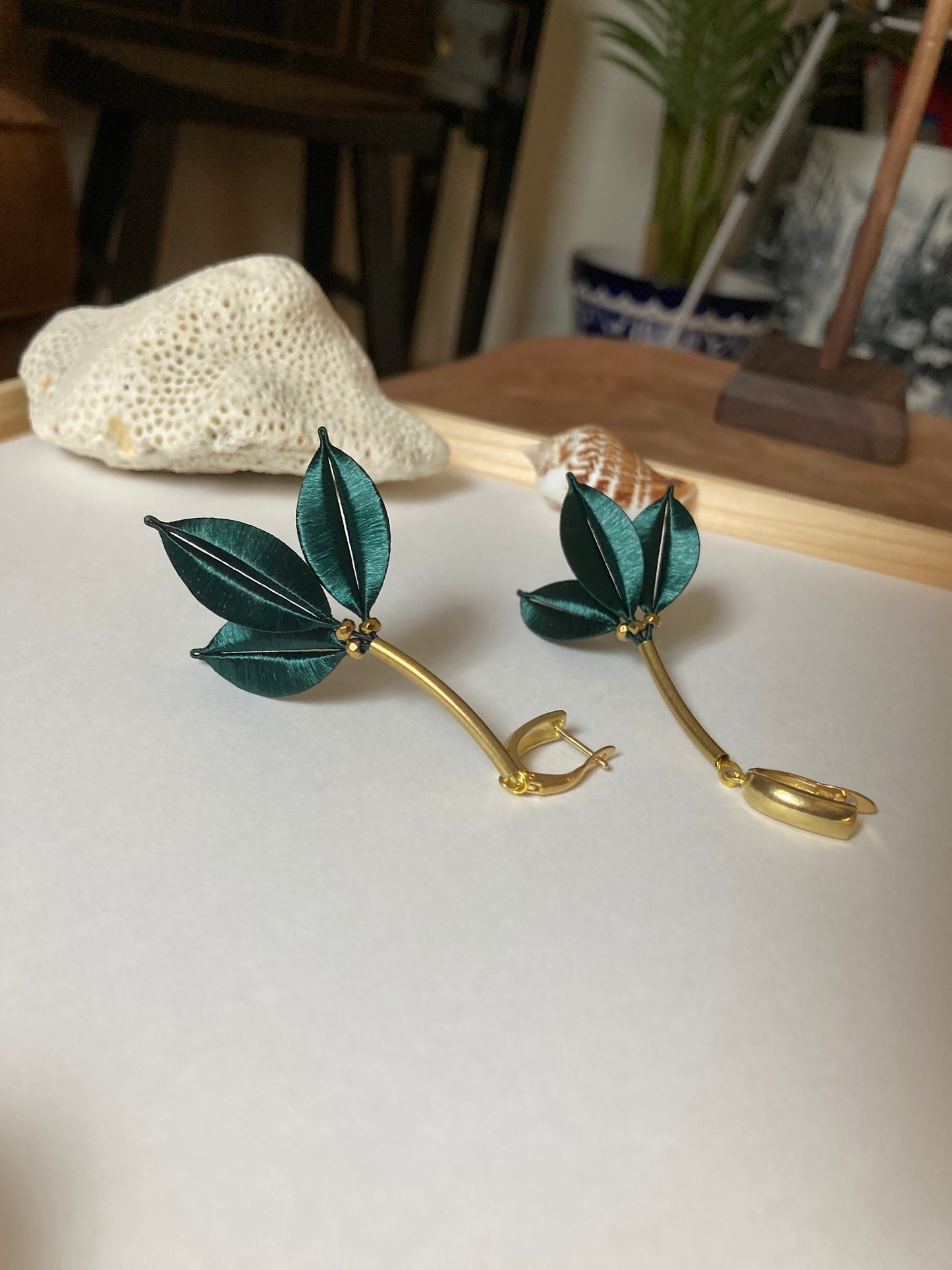 Statement Unique Design Hand-wrapped Shiny Dark Green Silky Thread Floral Earrings