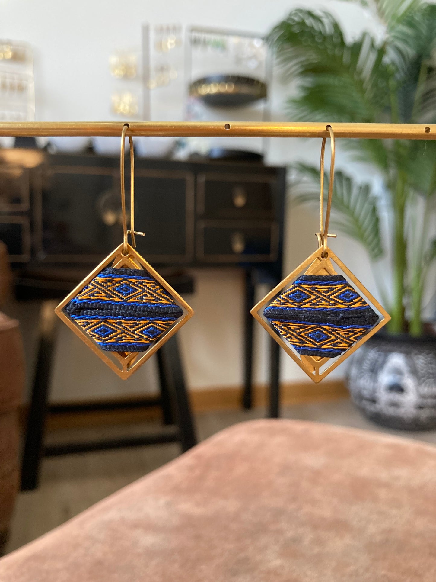 Aztec-Golden Geometric Diamond Dangling Earrings