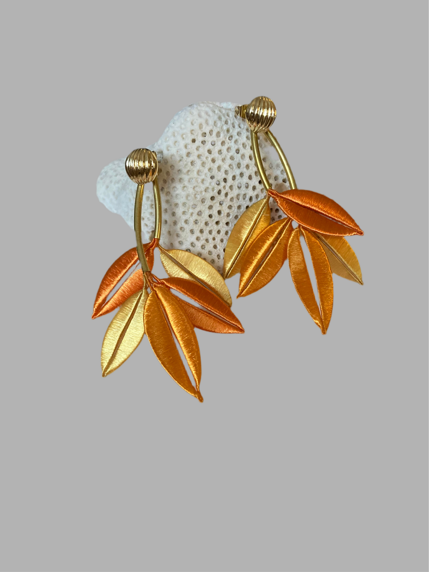 Interchangeable Heritage Skills Hand-wrapped Silky Thread Yellow-Gold-Orange Mixed Color Floral Stud-Earrings