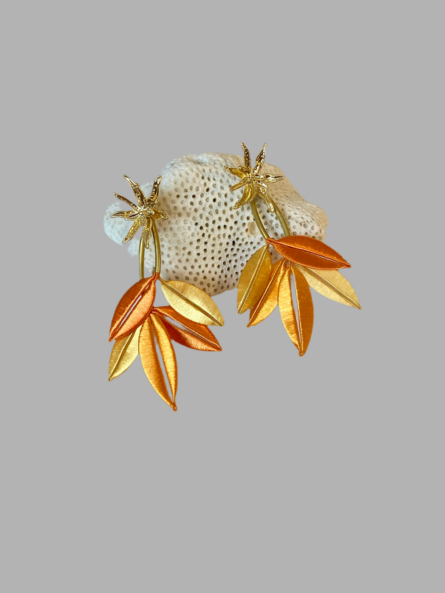 Interchangeable Heritage Skills Hand-wrapped Silky Thread Yellow-Gold-Orange Mixed Color Floral Stud-Earrings