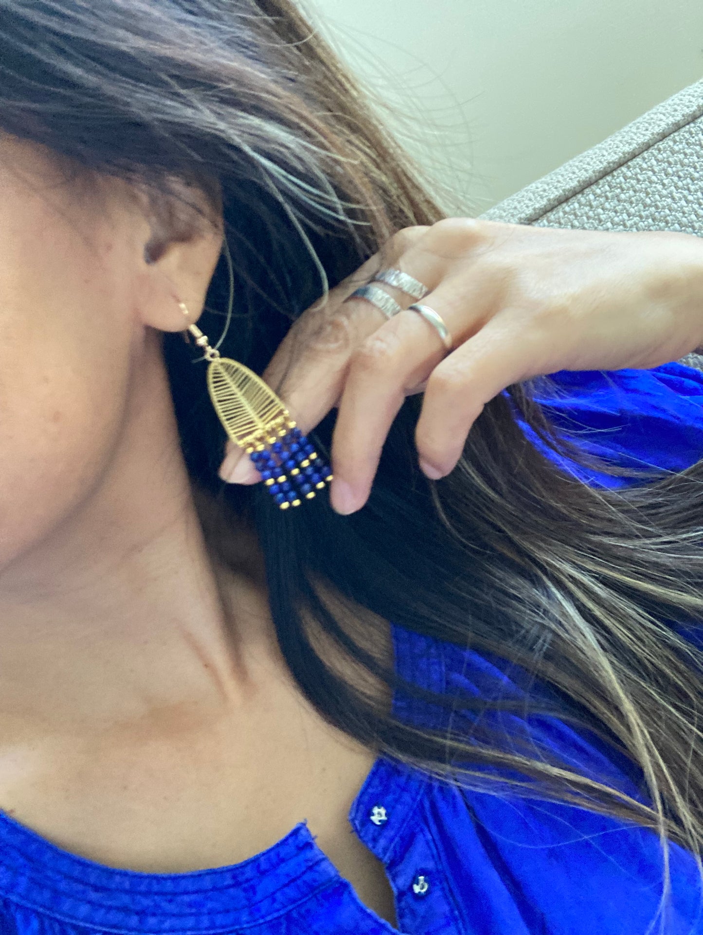 Lapis Lazuli Beads Golden Tree Tassel Earrings