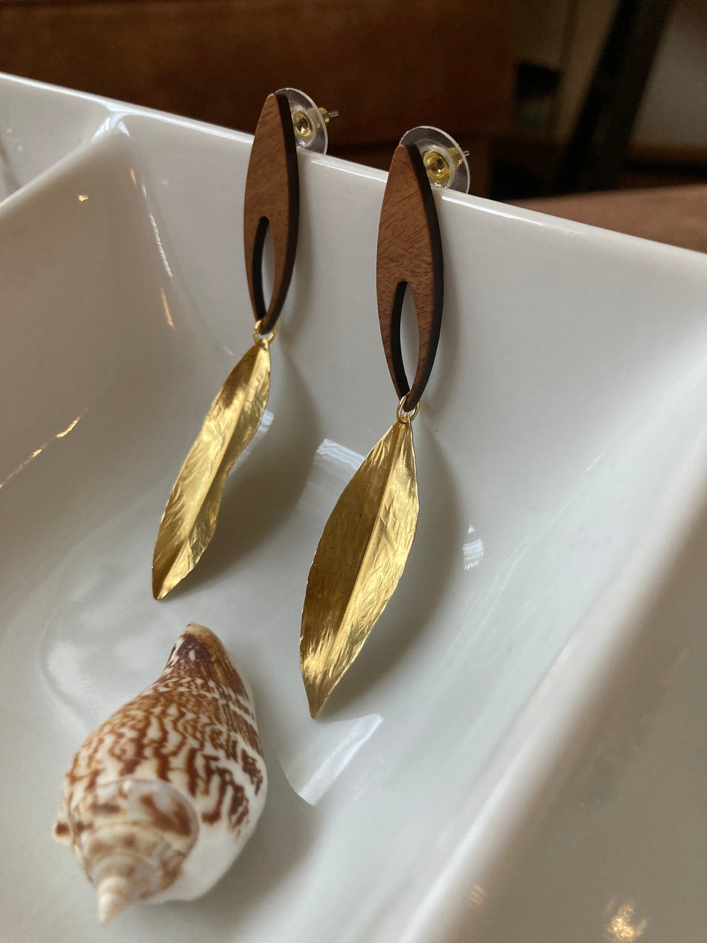 Discovery - Golden Hand Hammered Brass Leaf Wood Stud Earrings