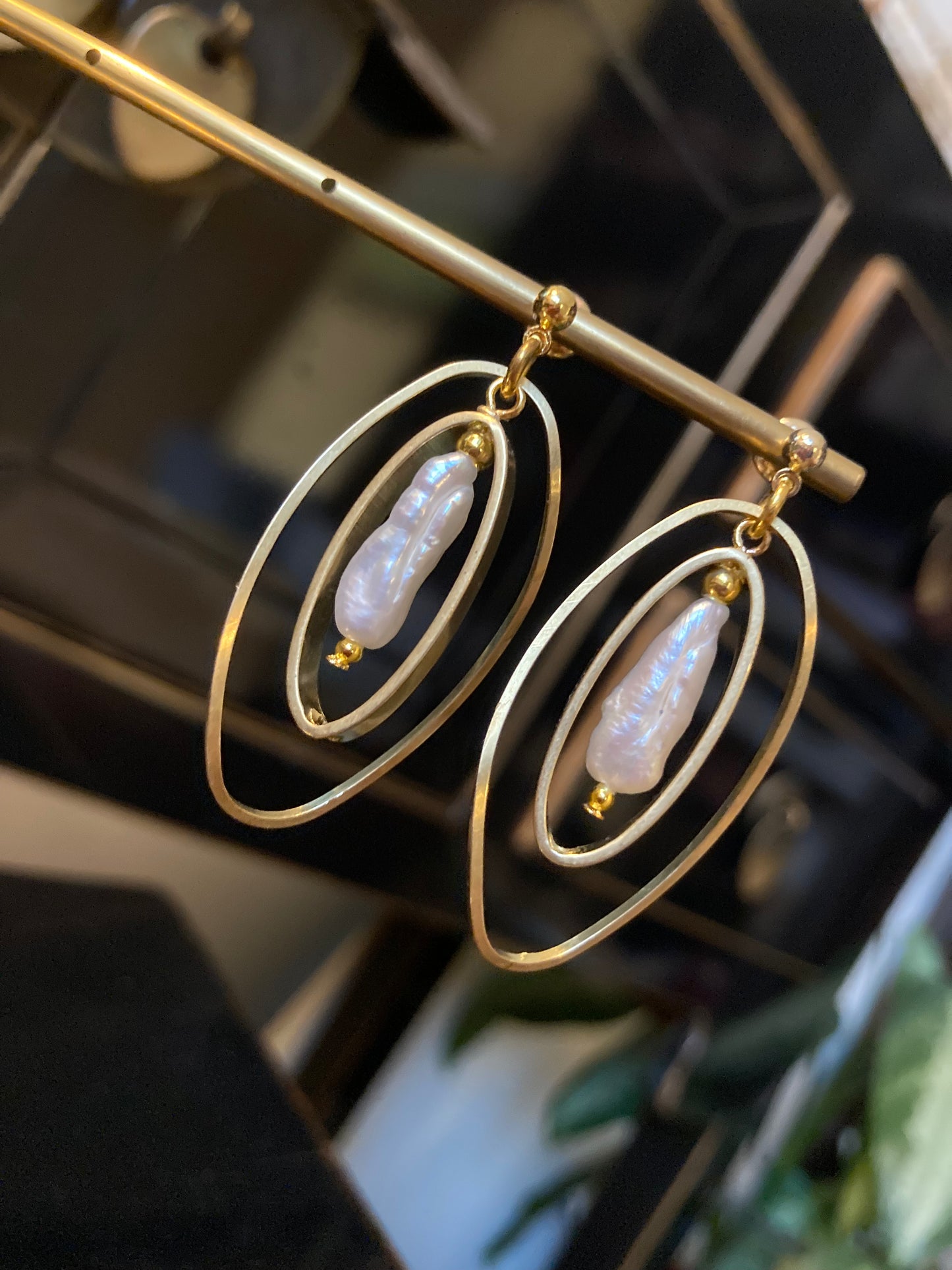 Lynn T• Freshwater Pearl Modern Geometric Design Golden Dangling Earrings