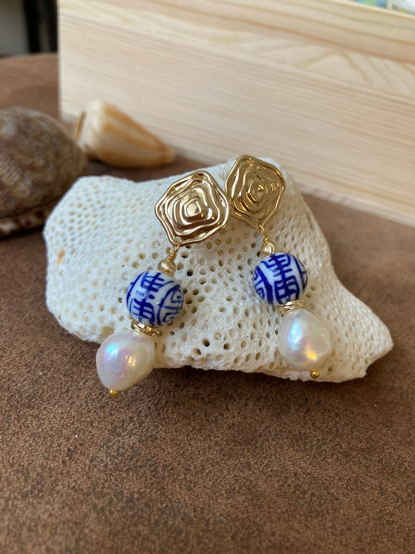 Statement Golden Stud Earrings in Freshwater Pearl & Hand Painted Ancient Character of Long-Life Ceramic Beads