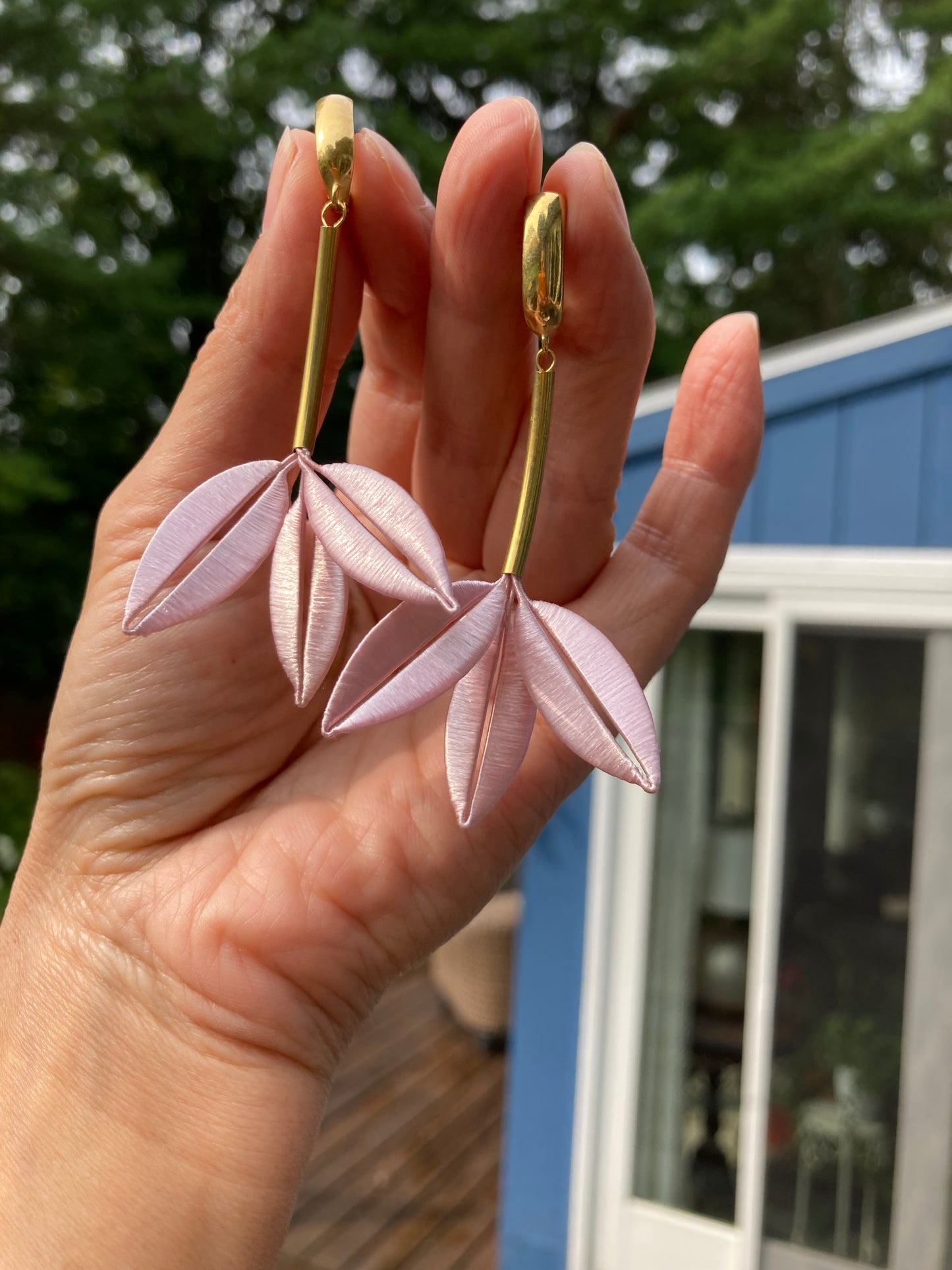 Statement Unique Design Hand-wrapped Shiny Baby Pink Silky Thread Floral Earrings