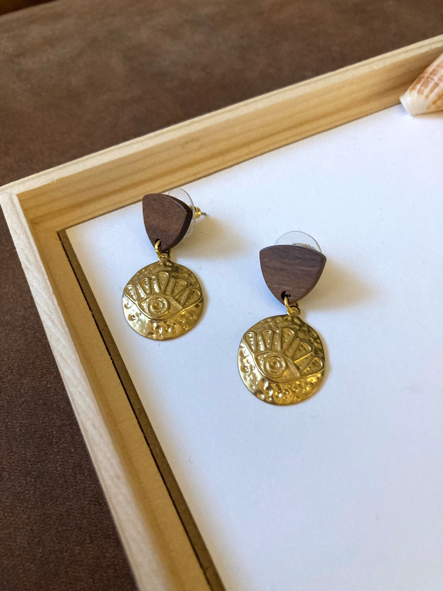 Discovery • Unique Golden Brass Wood Stud Earrings