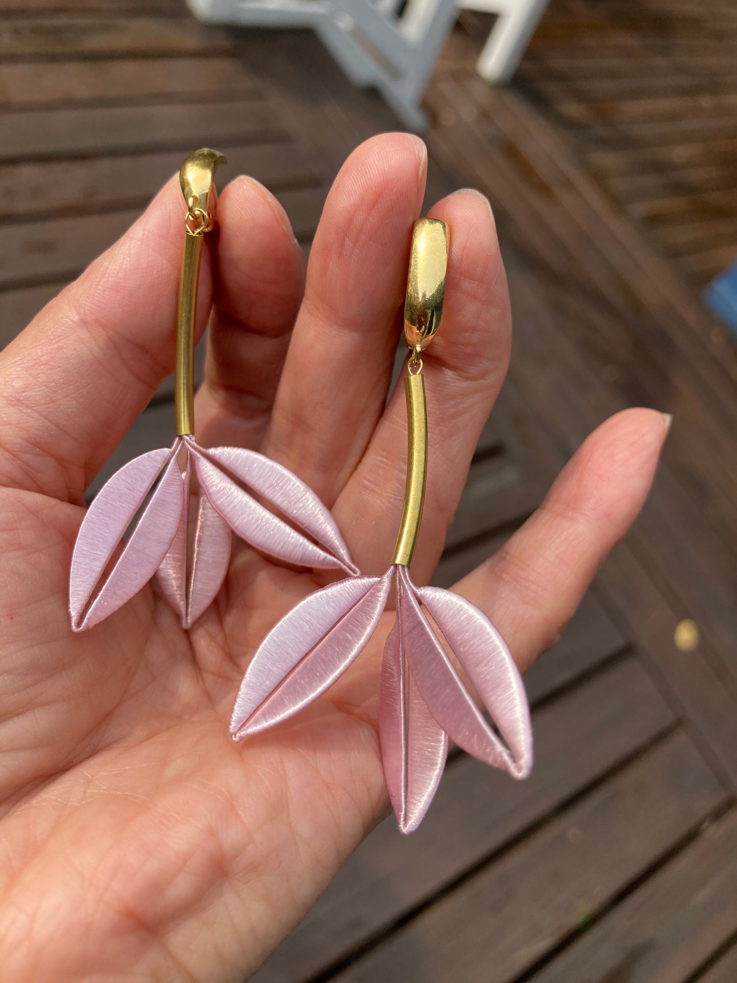 Statement Unique Design Hand-wrapped Shiny Baby Pink Silky Thread Floral Earrings