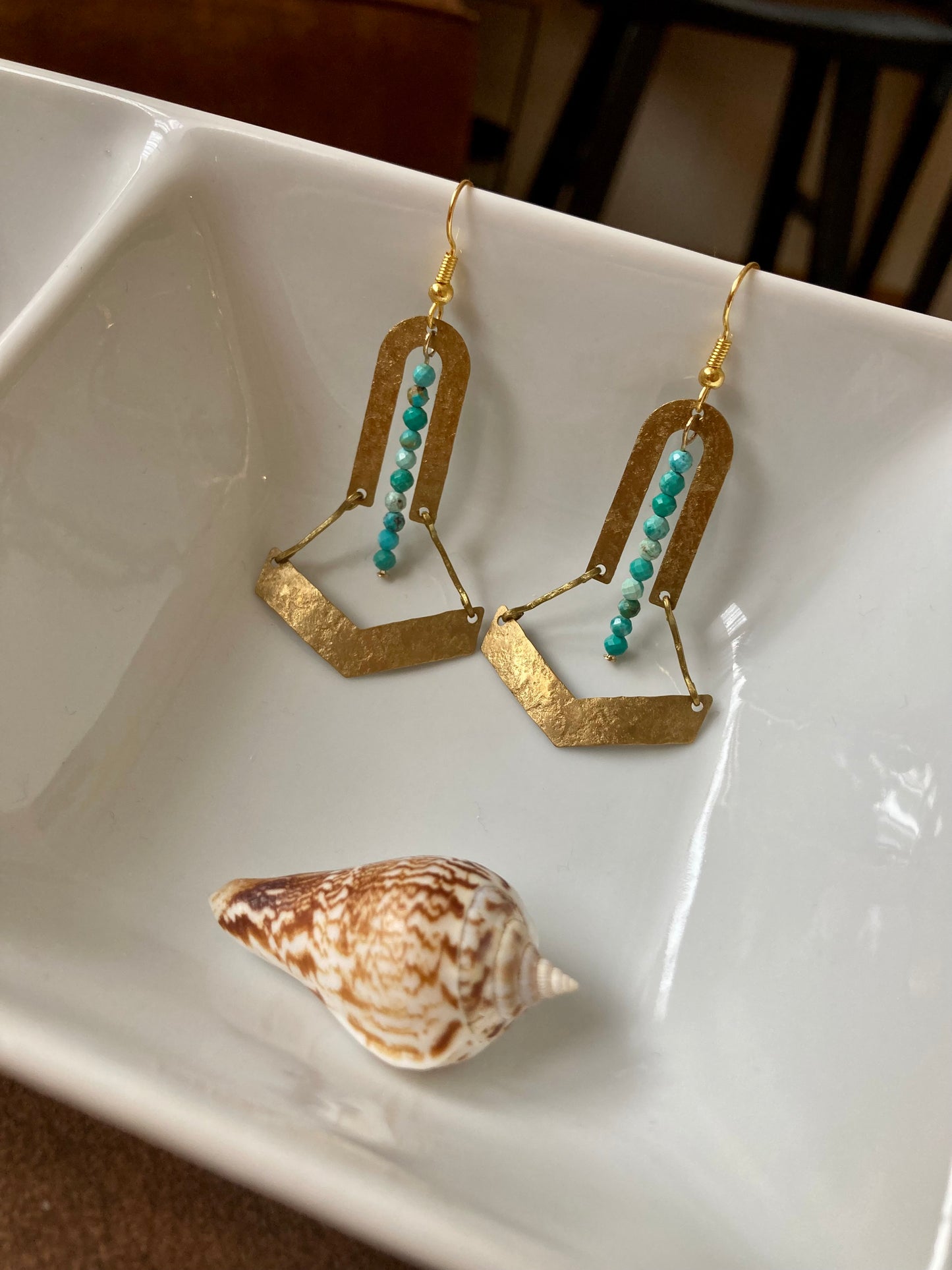 Tulum•Unique Turquoise Beads Hand Hammered Golden Geometric Earrings