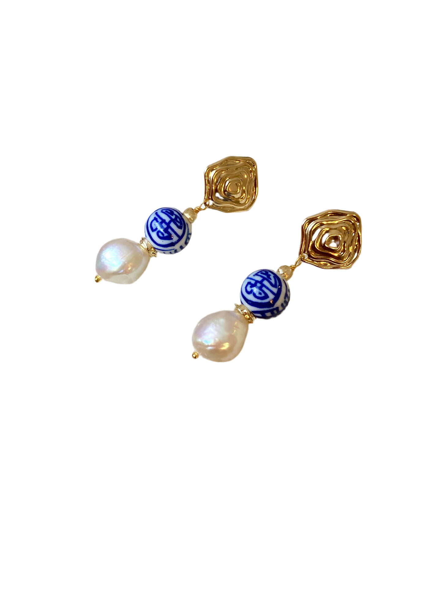 Statement Golden Stud Earrings in Freshwater Pearl & Hand Painted Ancient Character of Long-Life Ceramic Beads