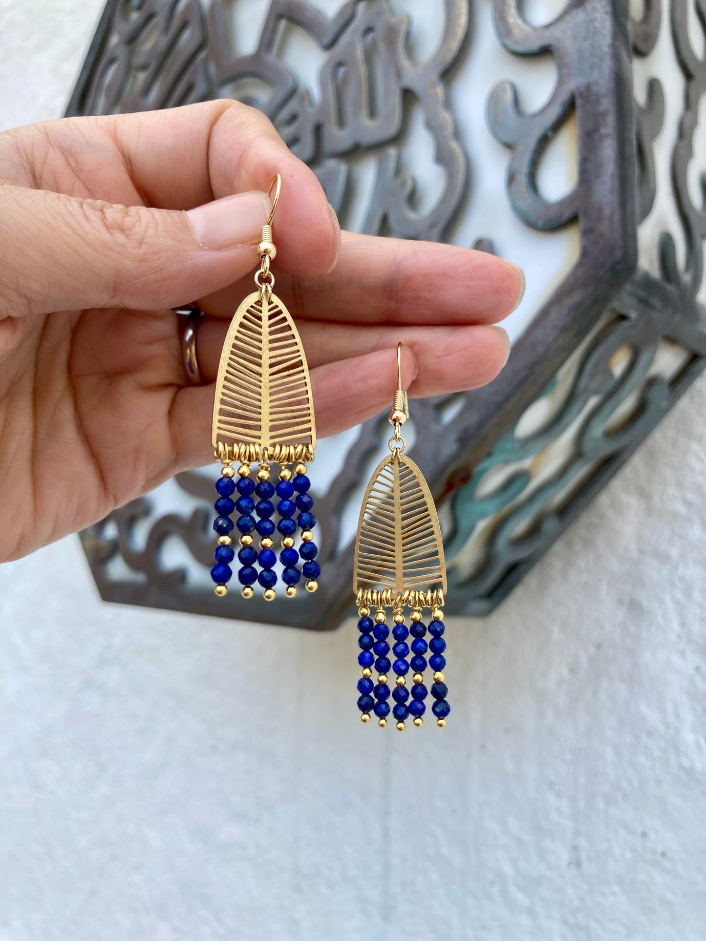 Lapis Lazuli Beads Golden Tree Tassel Earrings