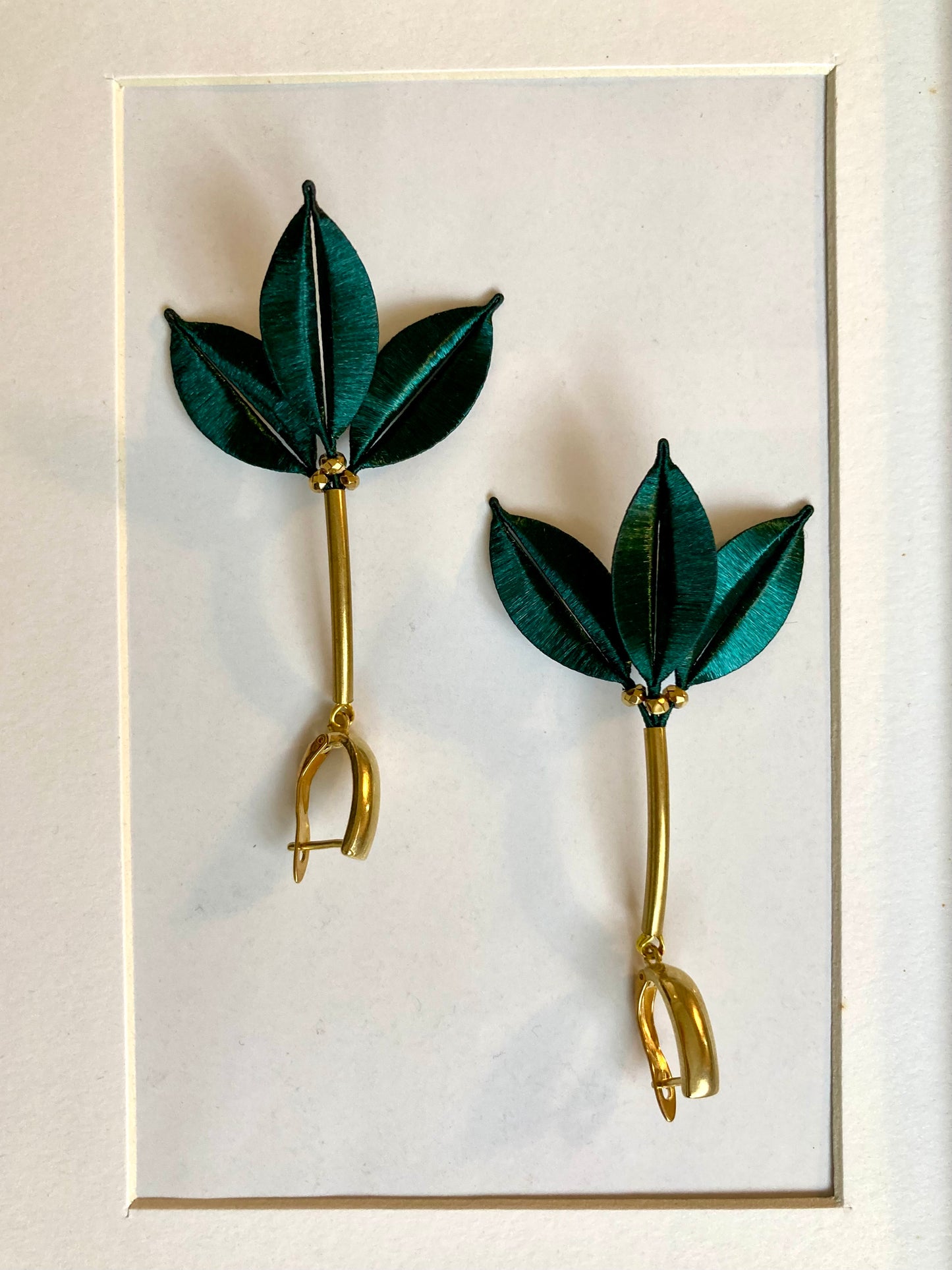 Statement Unique Design Hand-wrapped Shiny Dark Green Silky Thread Floral Earrings