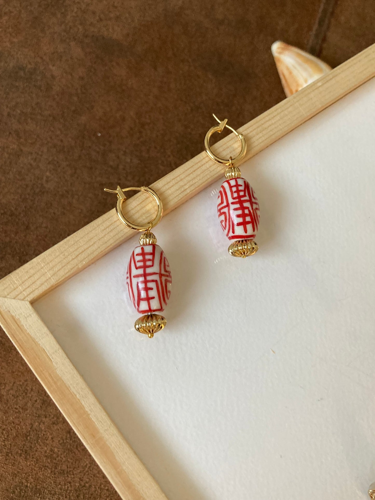 Golden Interchangeable Huggies Earrings with Hand Painted Ceramic Ancient Character of Long-Life Ceramic Beads