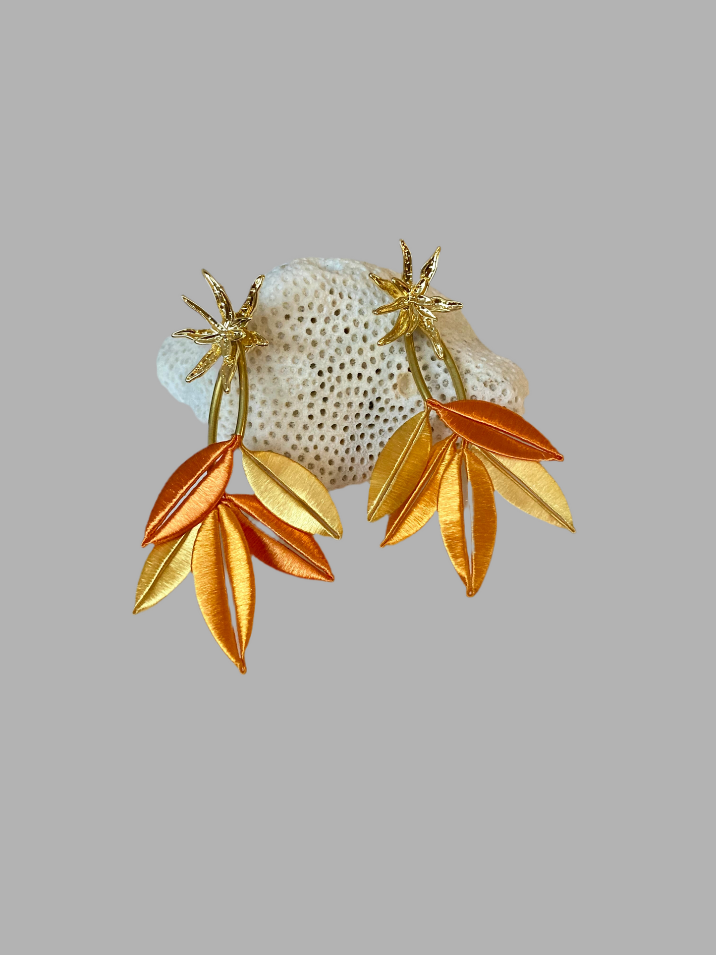 Interchangeable Heritage Skills Hand-wrapped Silky Thread Yellow-Gold-Orange Mixed Color Floral Stud-Earrings