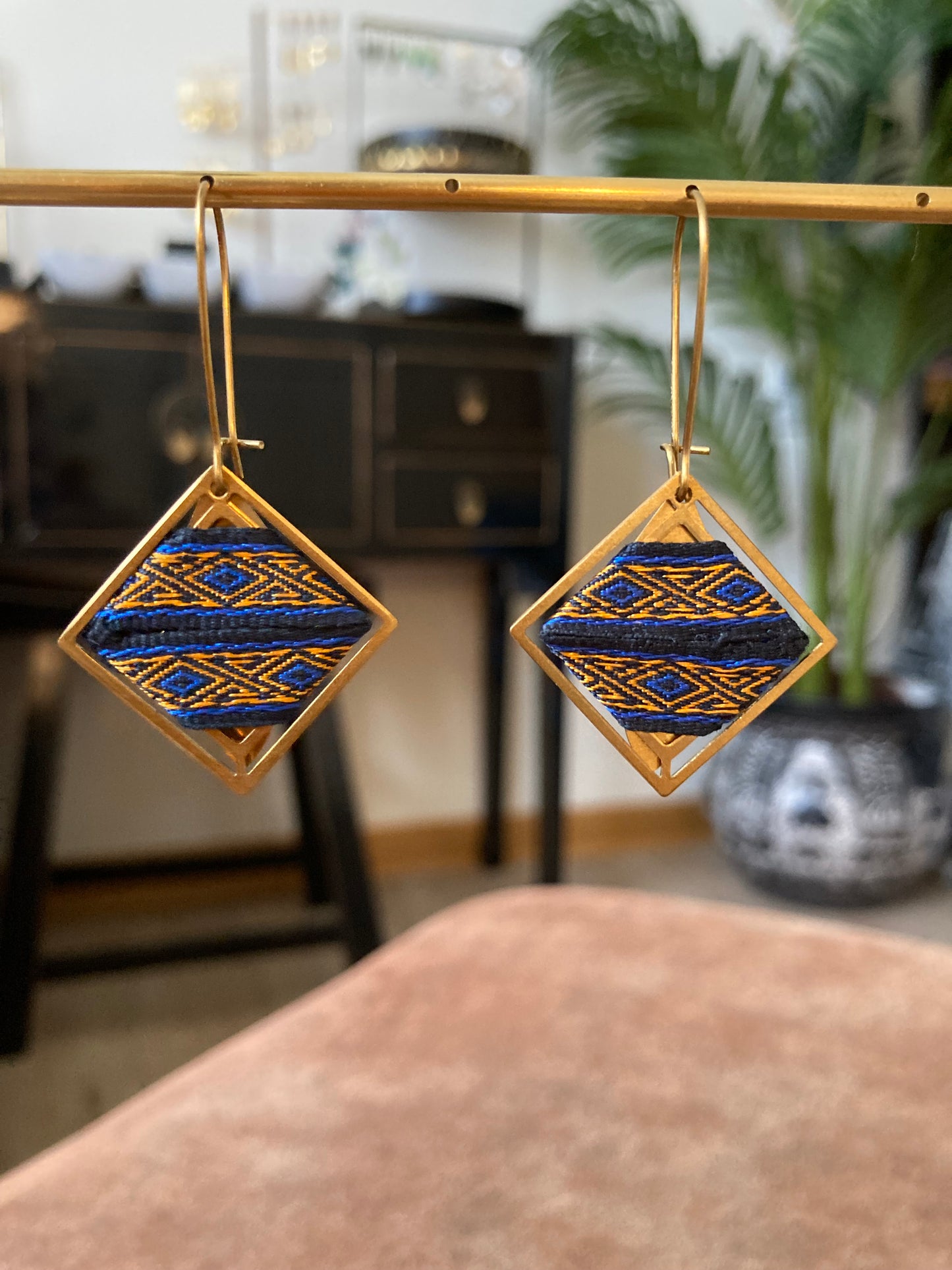 Aztec-Golden Geometric Diamond Dangling Earrings