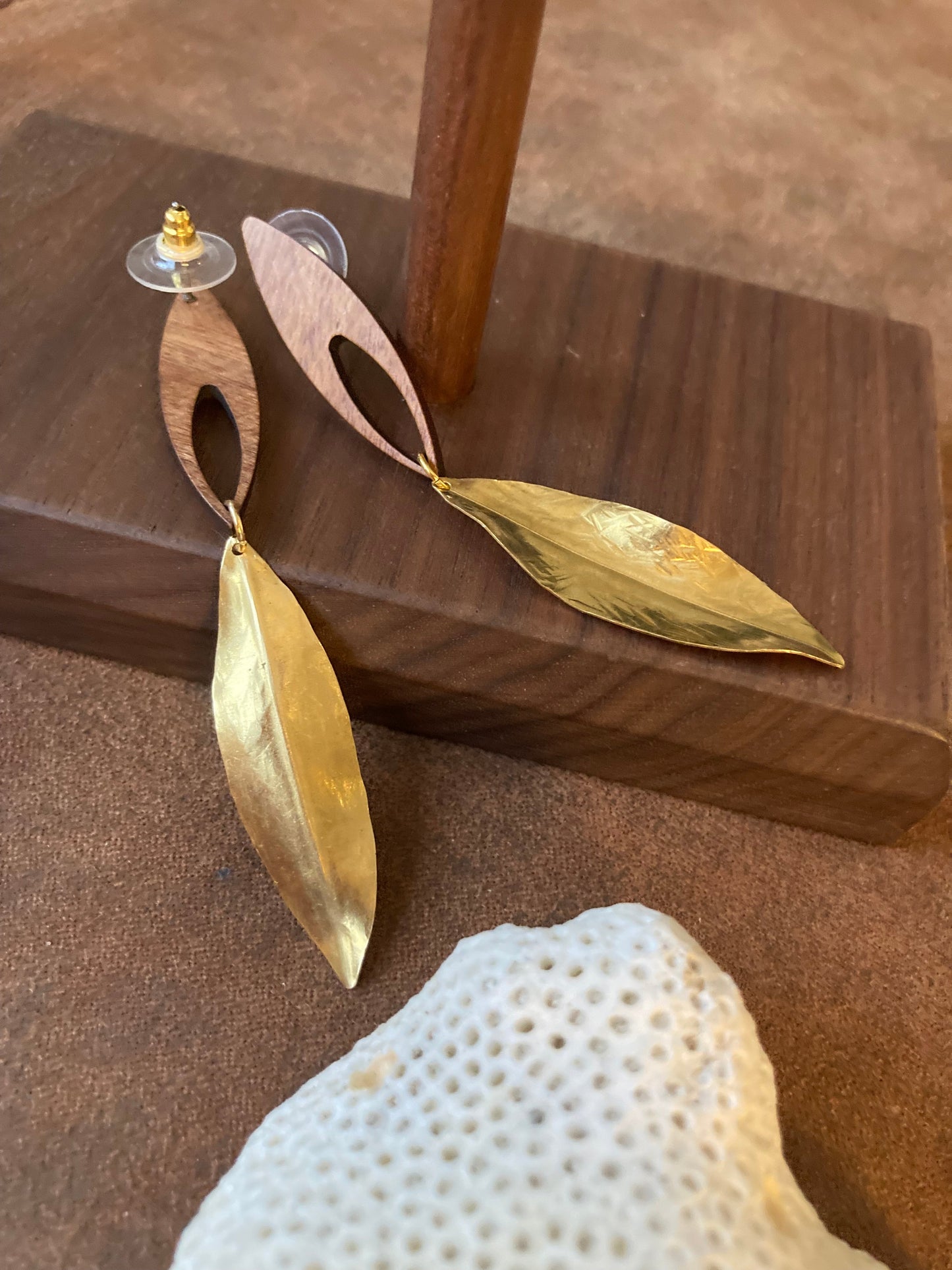 Julie•Discovery-Golden Hand Brushed & Hammered Brass Leaf Wood Stud Earrings