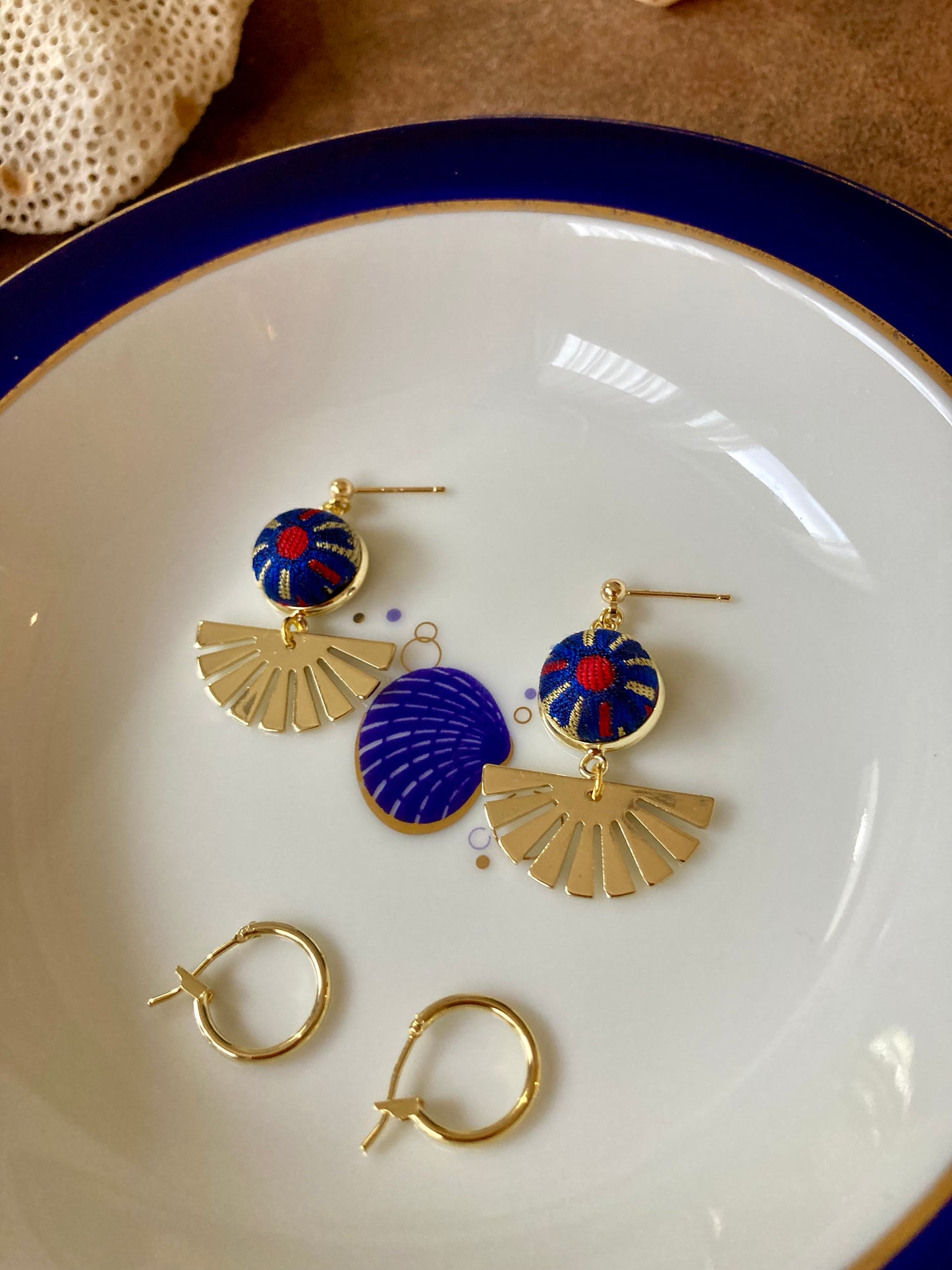 Sun in Blue Sky•Golden Contemporary Design Silk Earring Studs-