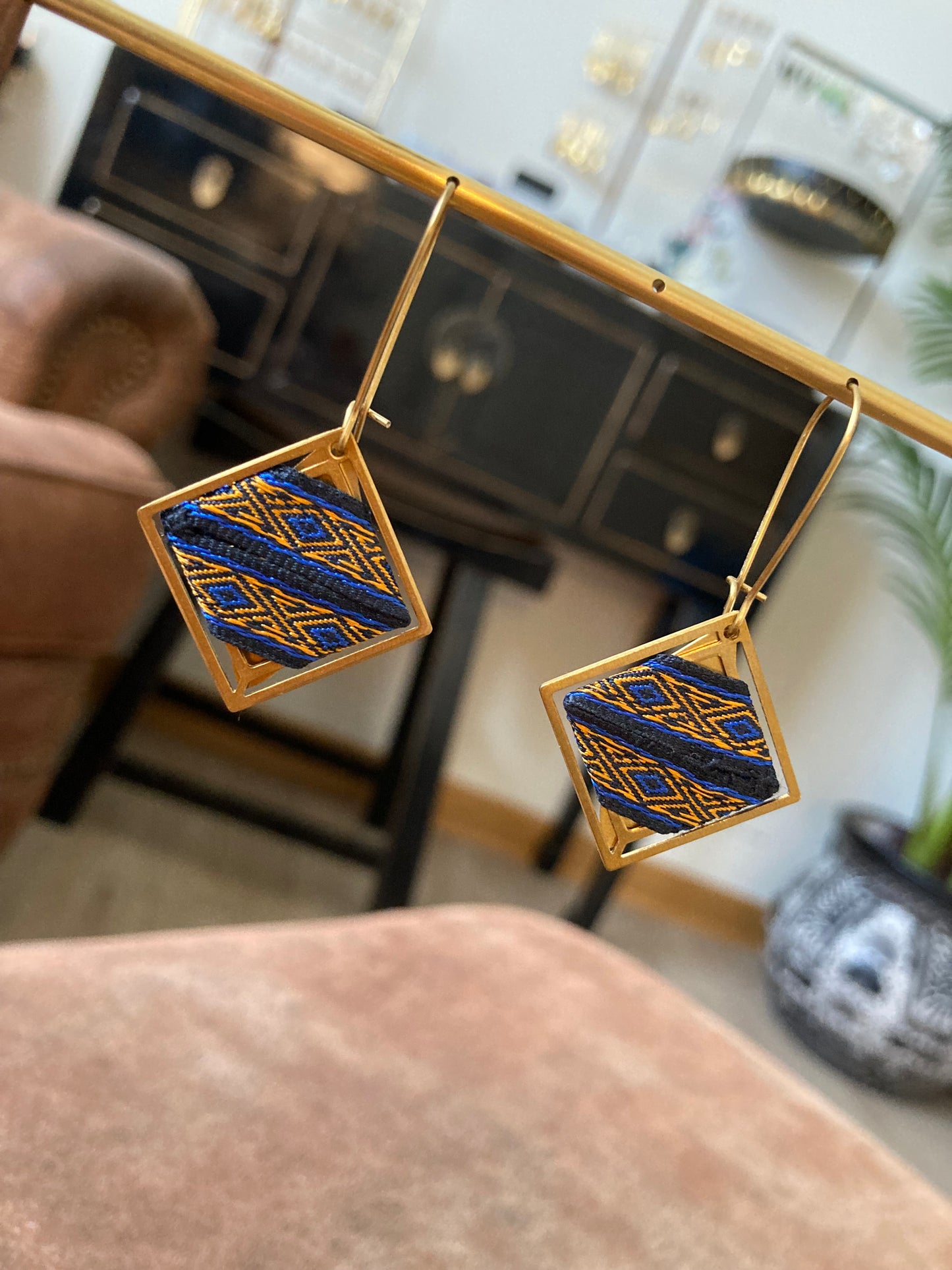 Aztec-Golden Geometric Diamond Dangling Earrings