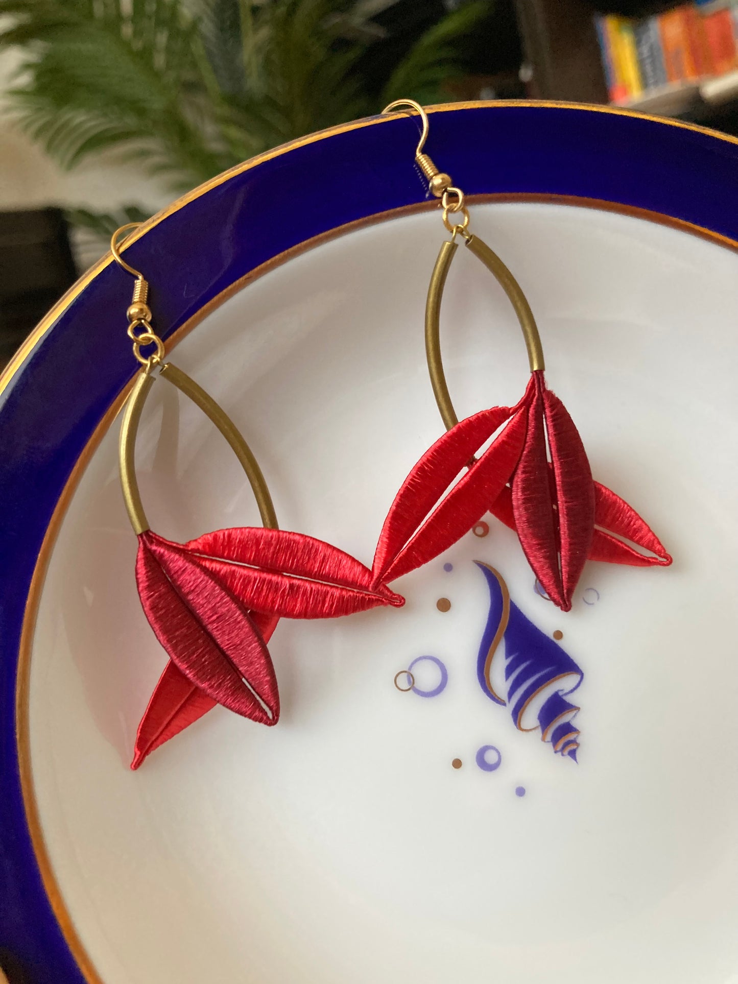 Lourdes•Unique Design Statement Hand-wrapped Silky Thread Red Floral Earrings