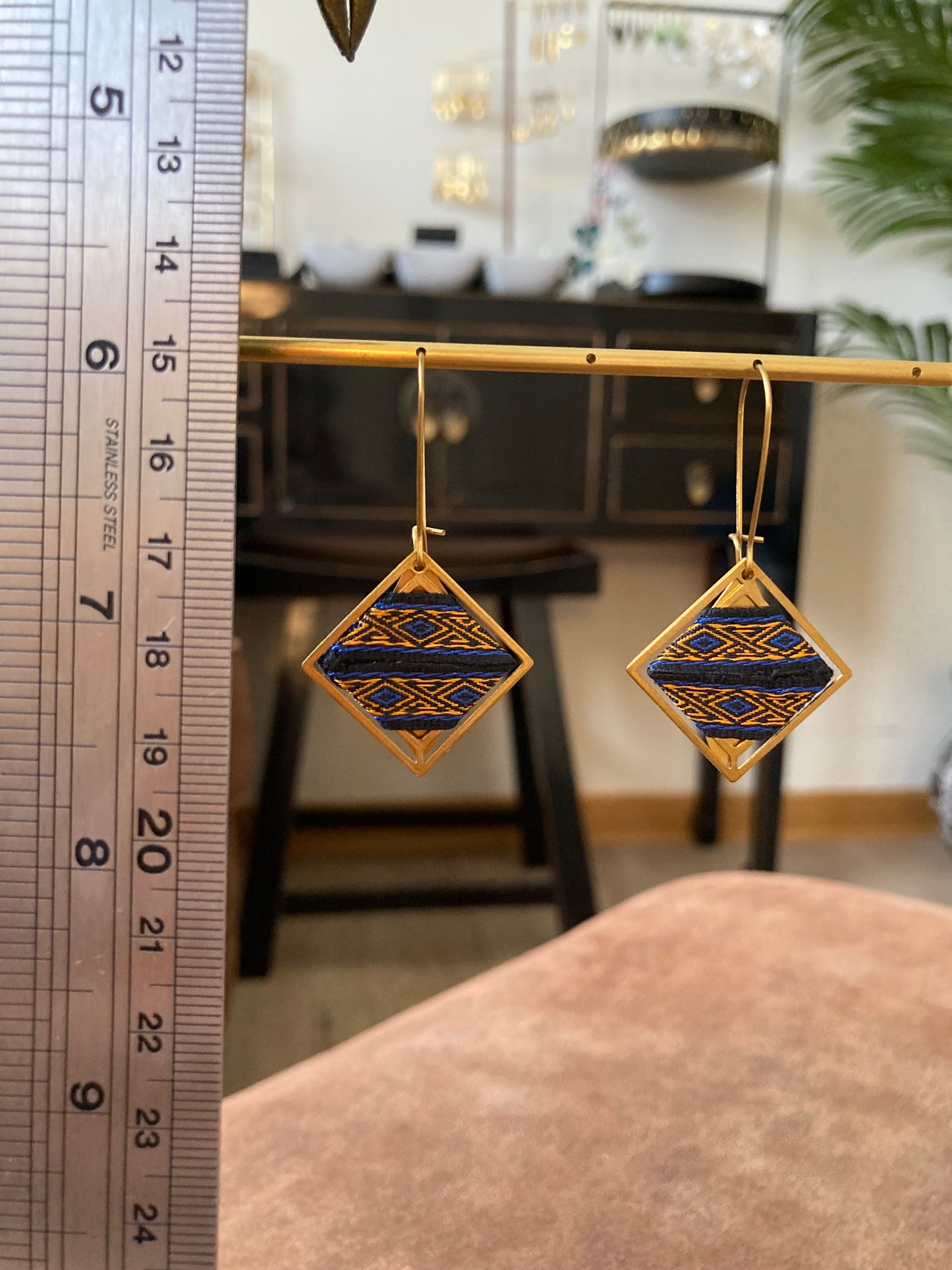 Aztec-Golden Geometric Diamond Dangling Earrings