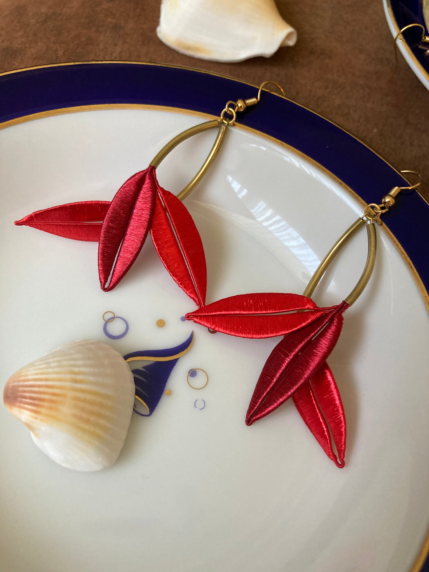 Lourdes•Unique Design Statement Hand-wrapped Silky Thread Red Floral Earrings