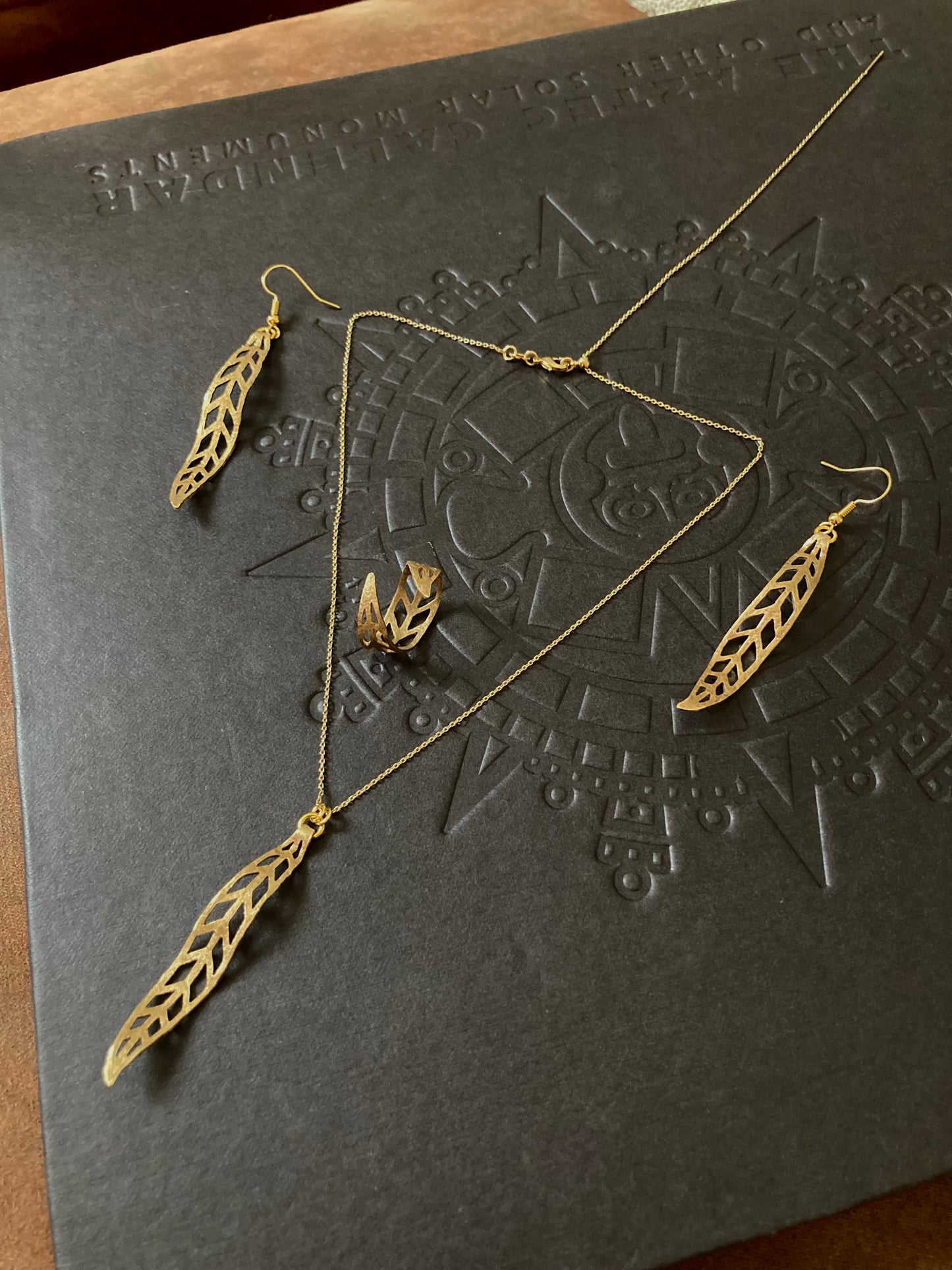 Discovery-Set-Golden Leaf Earrings+Necklace+Ring One of a Kind Set