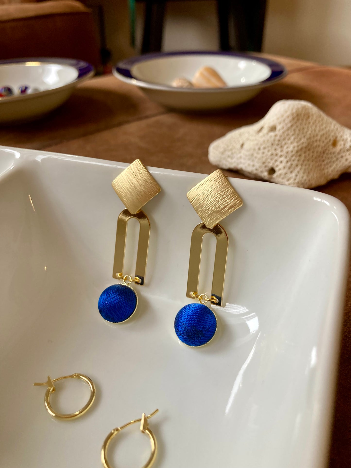 Golden Geographic Design Silk Earring Studs-Royal Blue