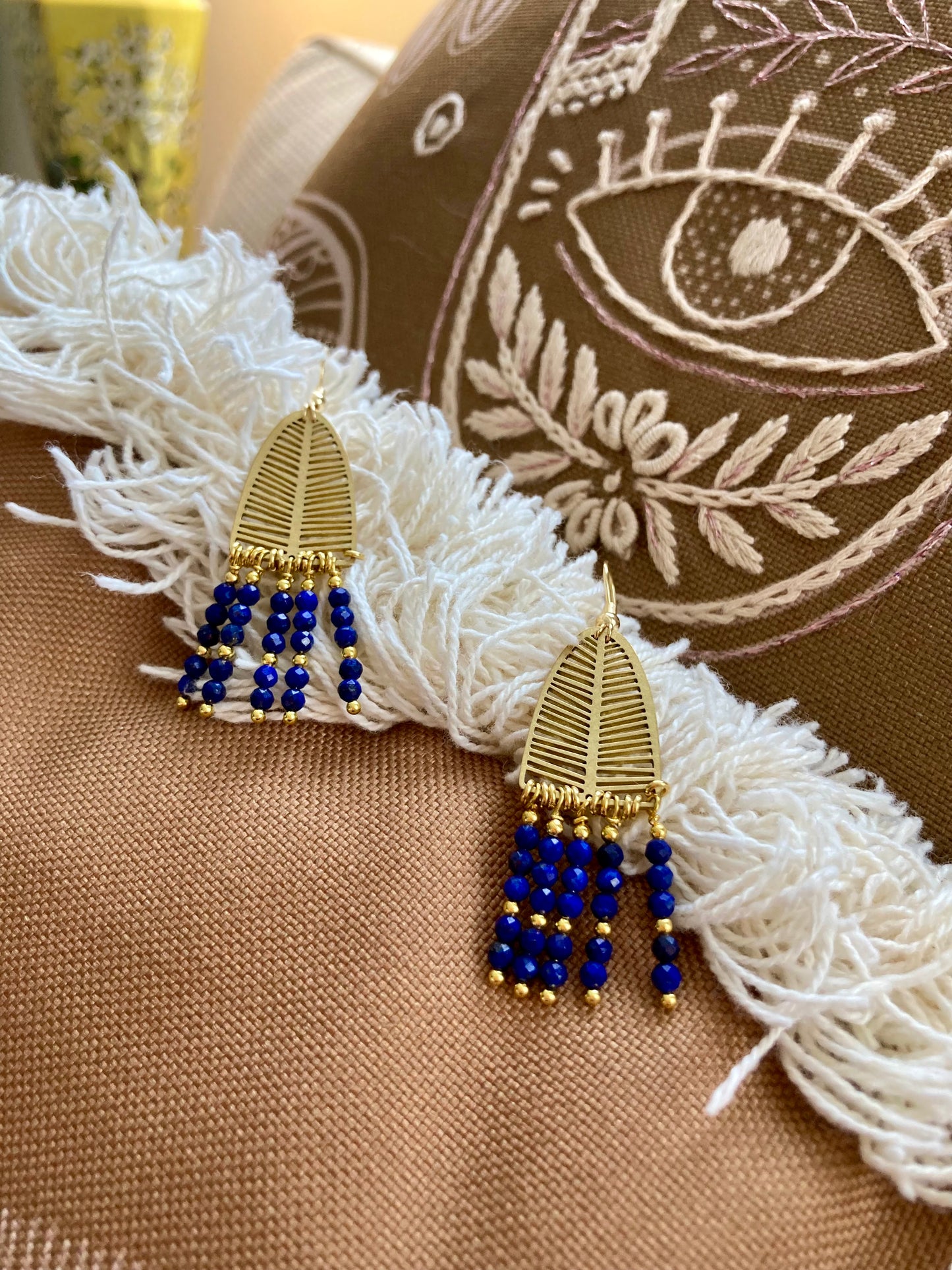 Lapis Lazuli Beads Golden Tree Tassel Earrings