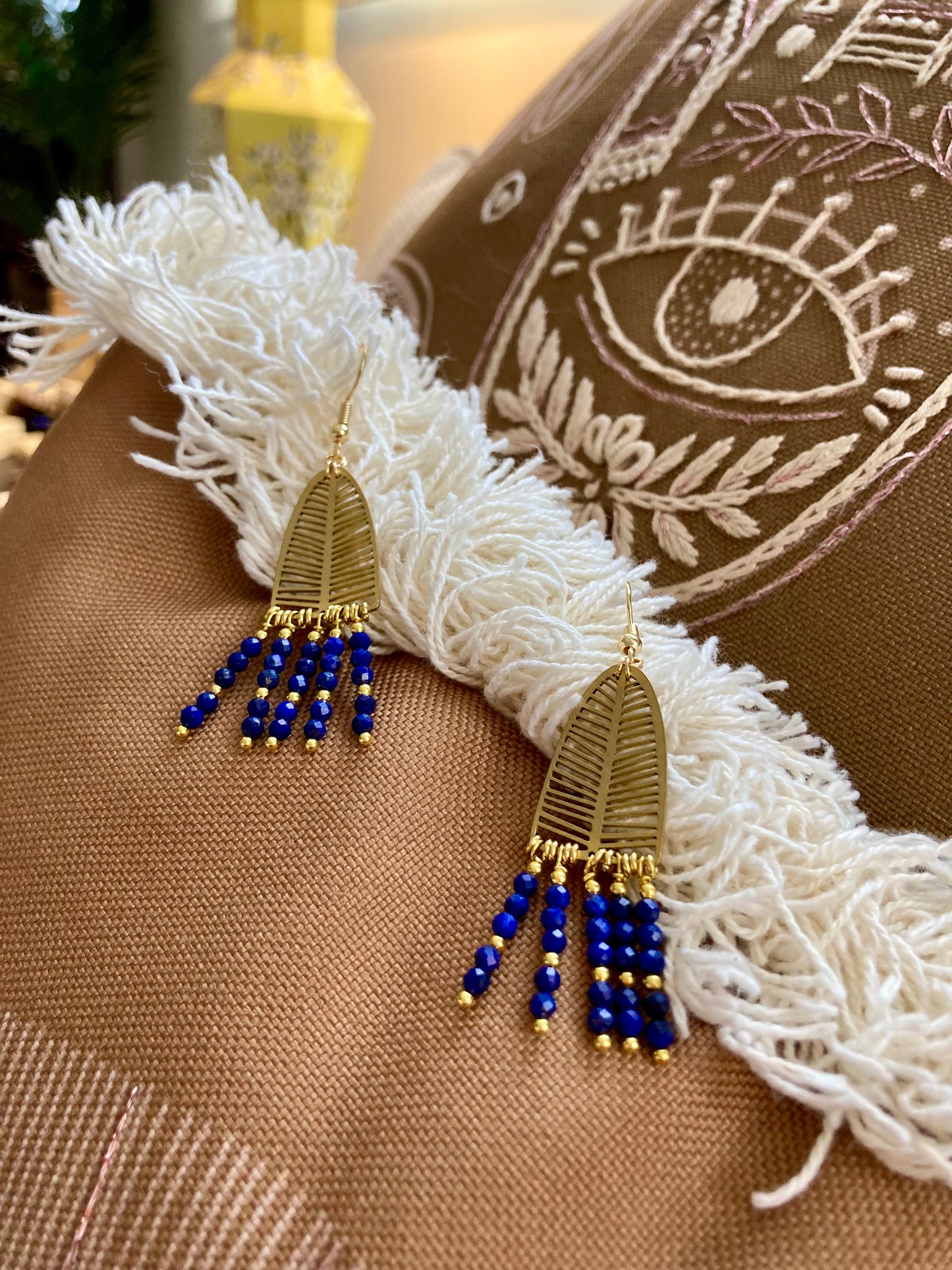 Lapis Lazuli Beads Golden Tree Tassel Earrings