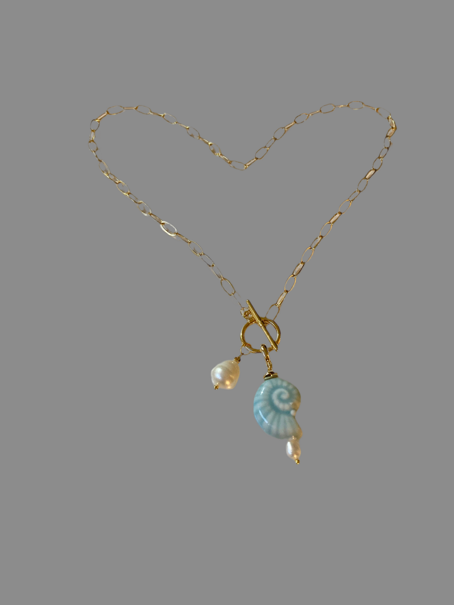 Fun Chic Golden Necklace with Natural Freshwater Pearl & Ceramic Interchangeable Shell Charm