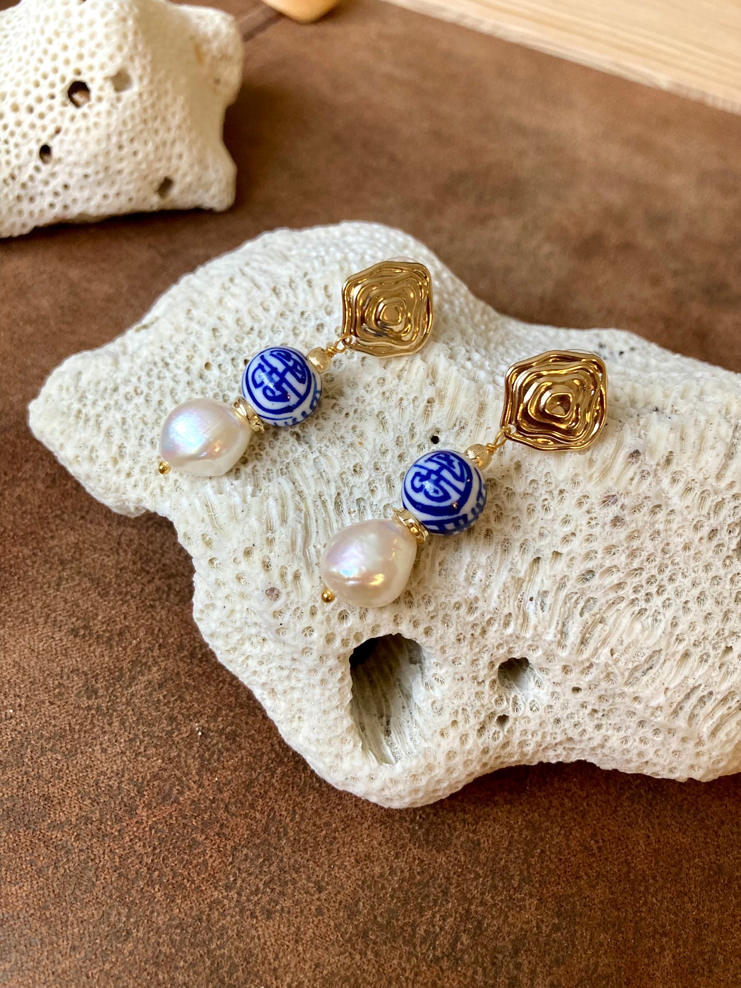 Statement Golden Stud Earrings in Freshwater Pearl & Hand Painted Ancient Character of Long-Life Ceramic Beads