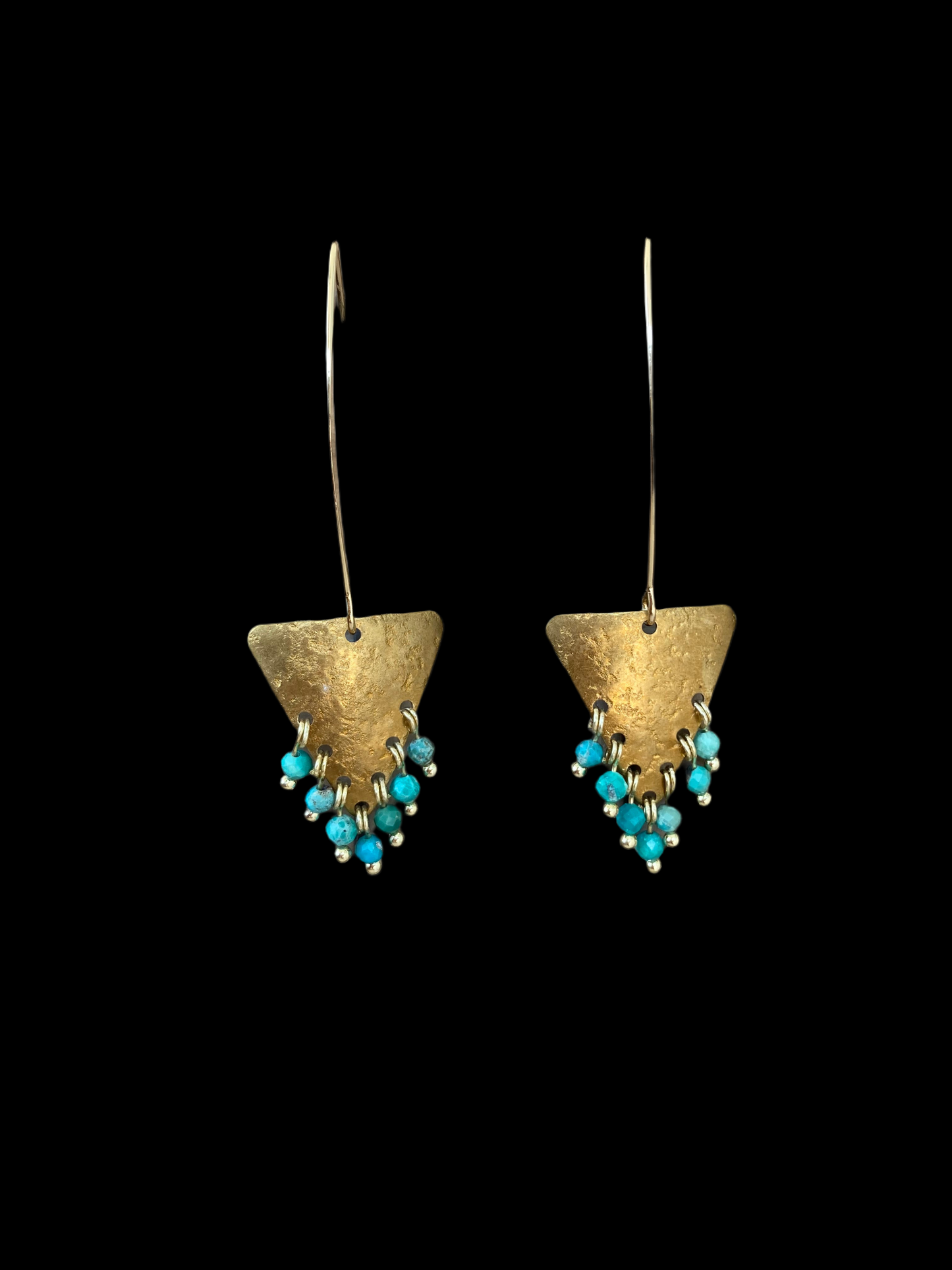 Tulum•Unique Hand Hammered Golden Geometric Turquoise Beads Tassel Earrings