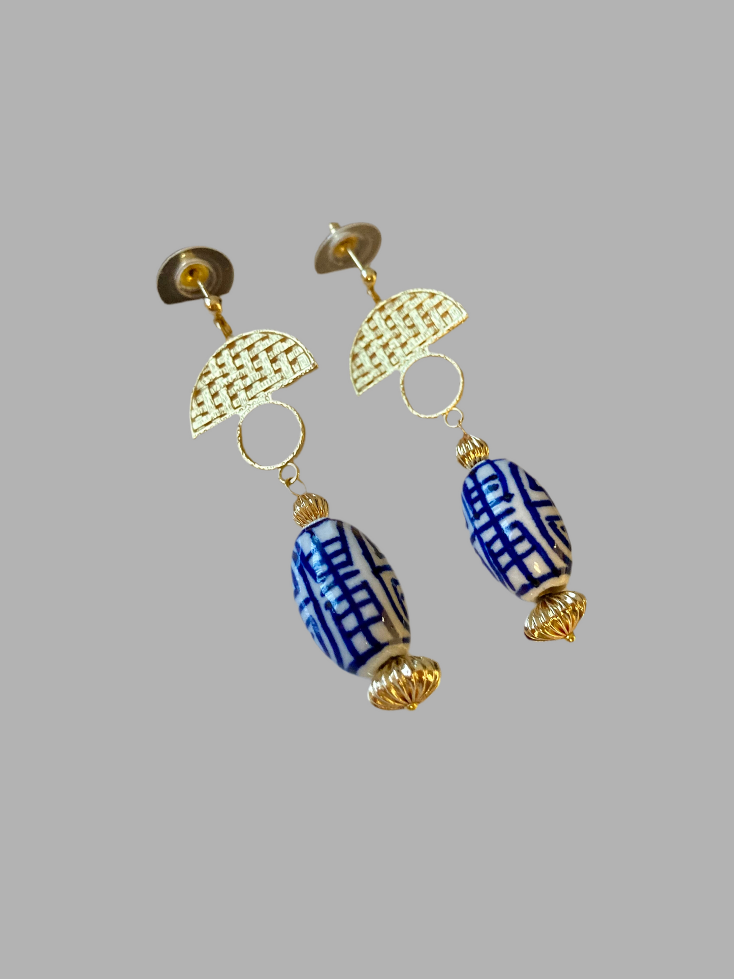 Gwen•Statement Golden Stud Earrings with Hand Painted Ceramic Ancient Character of Long-Life Beads