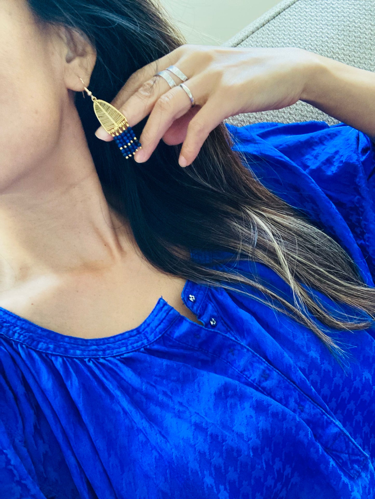 Lapis Lazuli Beads Golden Tree Tassel Earrings