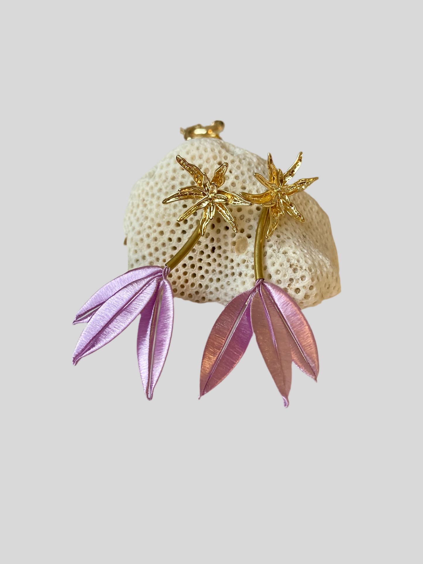 Interchangeable Heritage Skills Hand-wrapped Silky Thread Lavender Gold Floral Studs Earrings