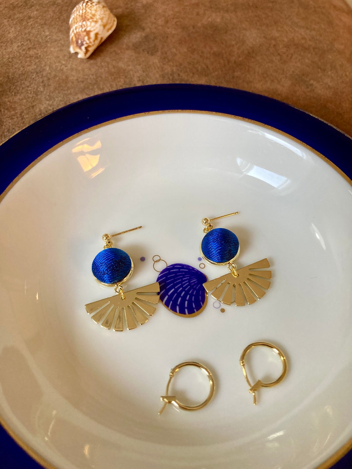 Golden Contemporary Design Silk Earring Studs-Royal Blue