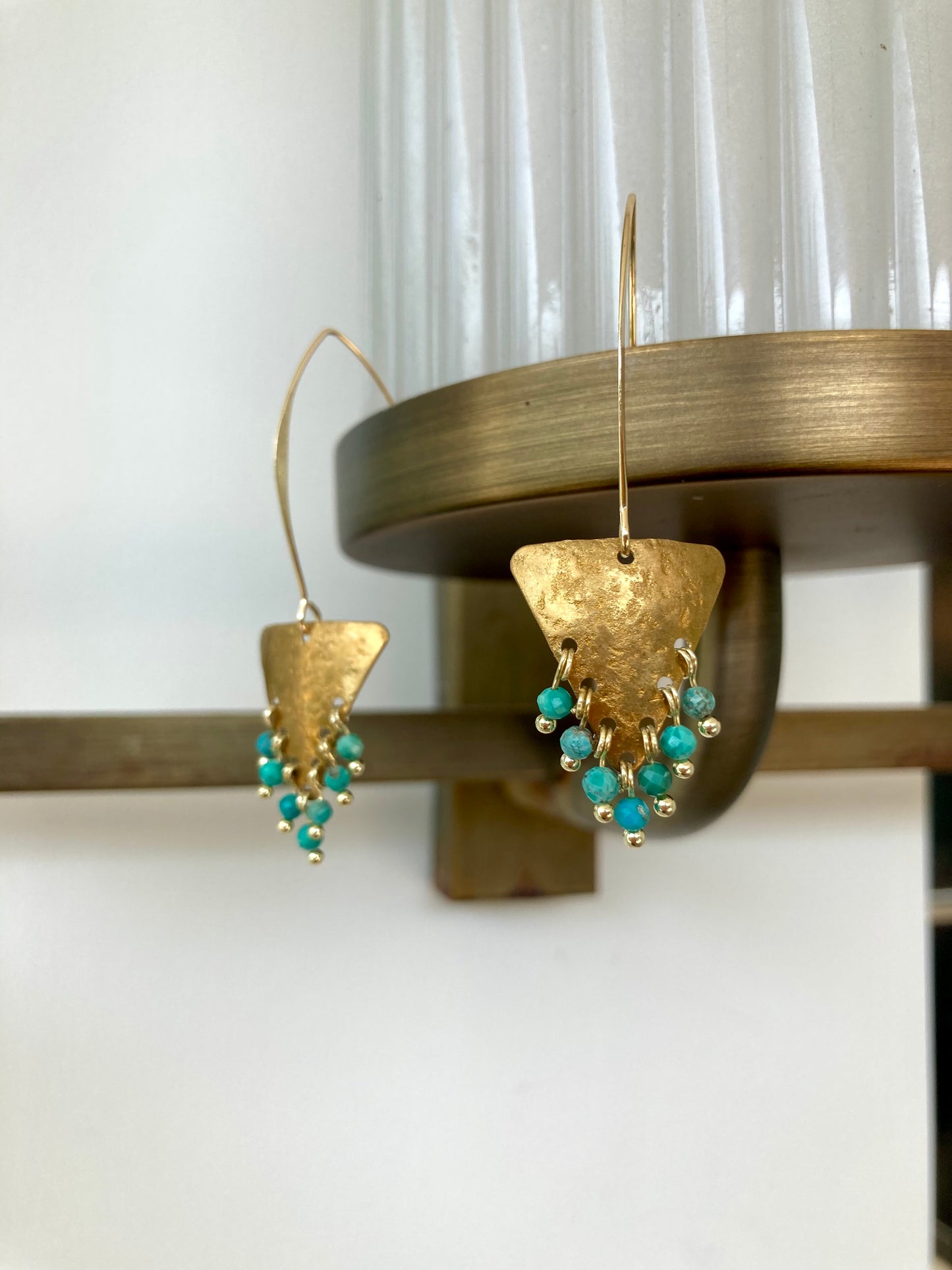 Tulum•Unique Hand Hammered Golden Geometric Turquoise Beads Tassel Earrings