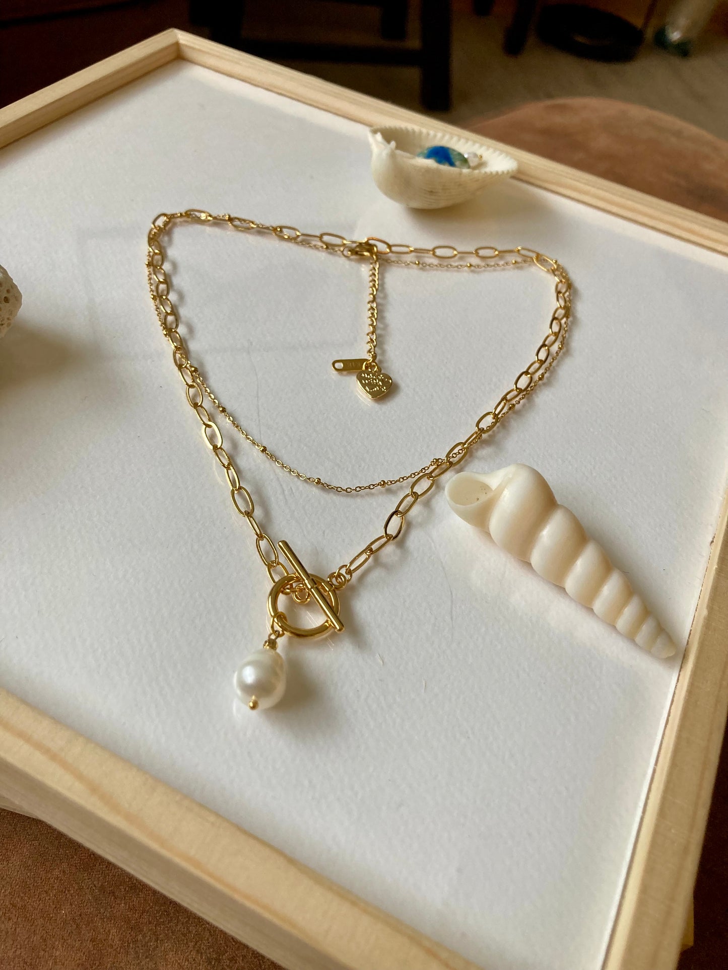 Fun Chic 6+Way to Style Interchangeable Double Layer Golden Necklace with Natural Freshwater Pearl & Ceramic Shell Charm